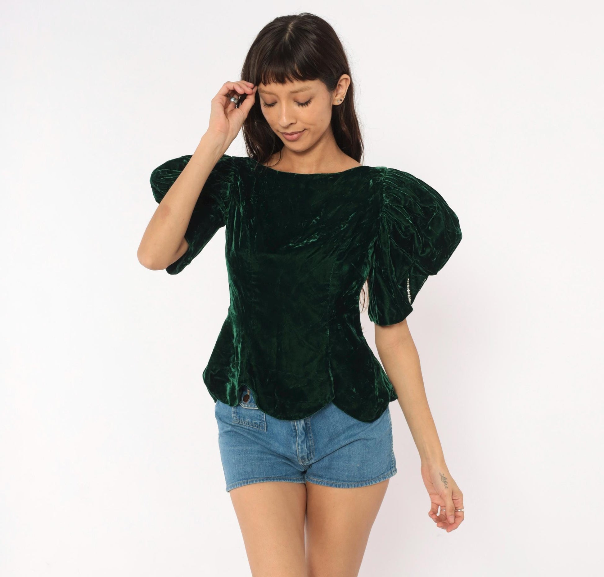 90s Emerald Crushed Velvet Puff Sleeve Blouse Forest Green Rhinestone Bow Back Small S