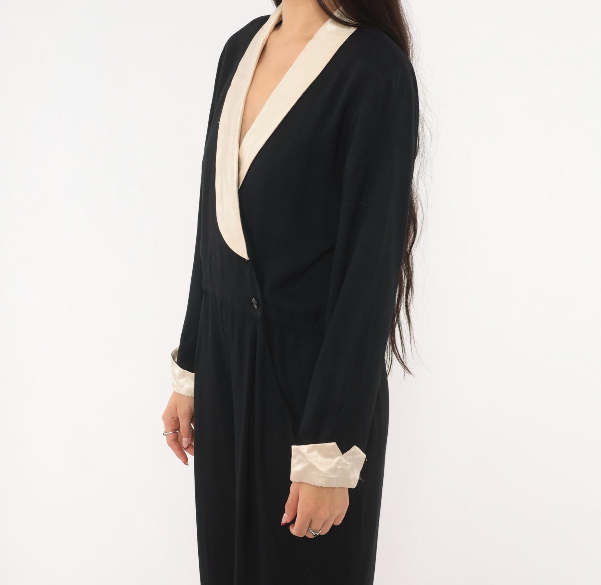 90s RJ & Co Black Jumpsuit Cream Satin Shawl Collar Wrap Front Medium M