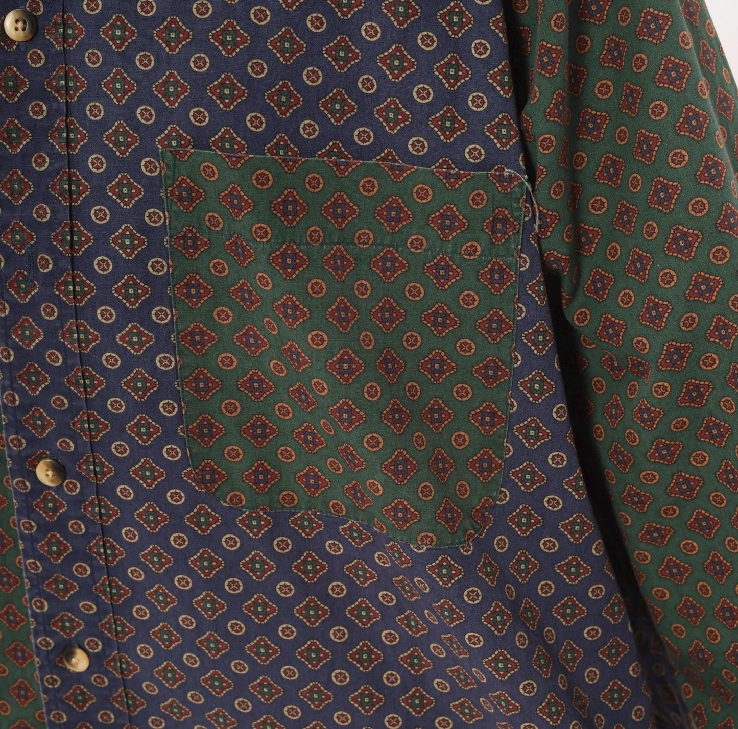 90s Nautica Patchwork Button Shirt Medallion Print Olive Navy Large L