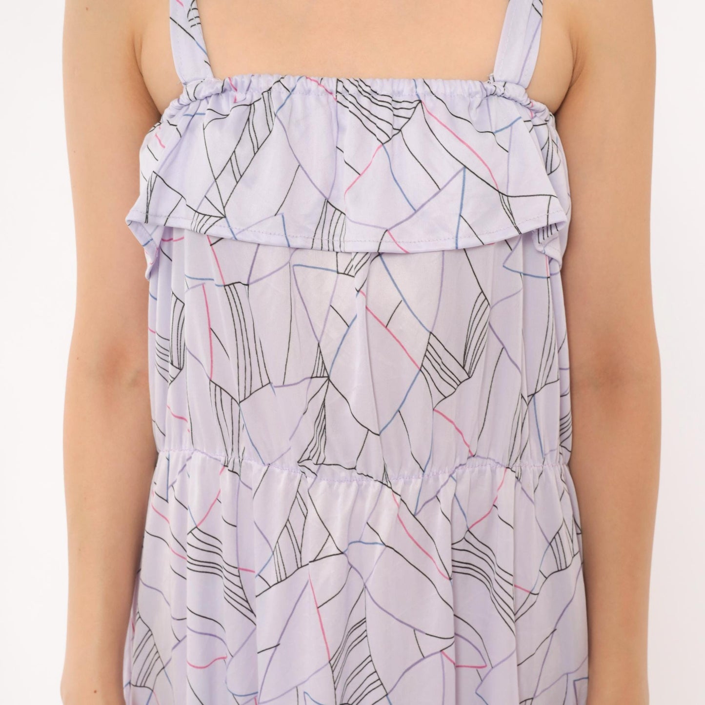 80s Lilac Abstract Geometric Midi Sundress Ruffle Bodice Strappy Small