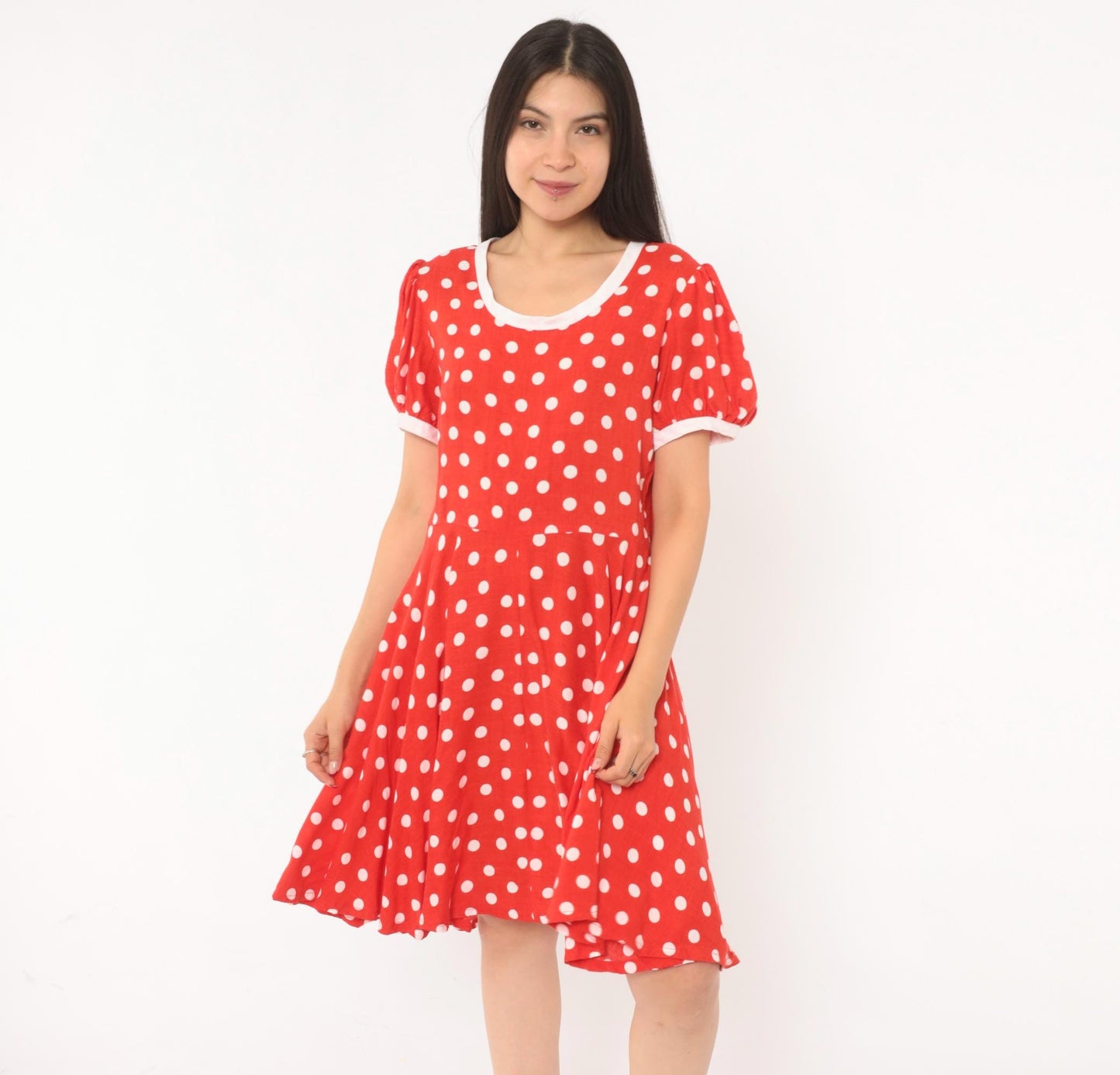 80s Red White Polka Dot Babydoll Dress Puff Sleeve Cotton Swing Mini Small