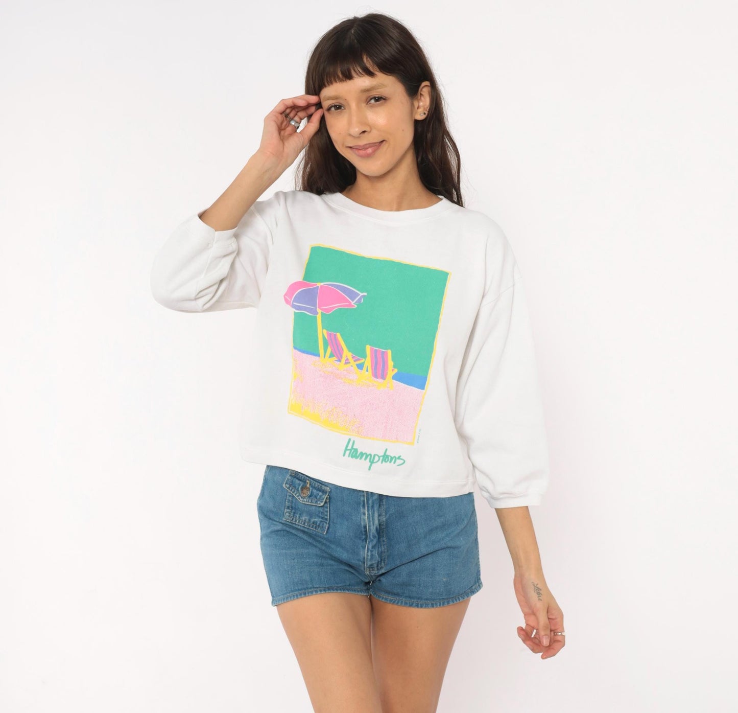 90s Anvil Hamptons Beach Sweatshirt White Pastel Graphic Cropped Medium M