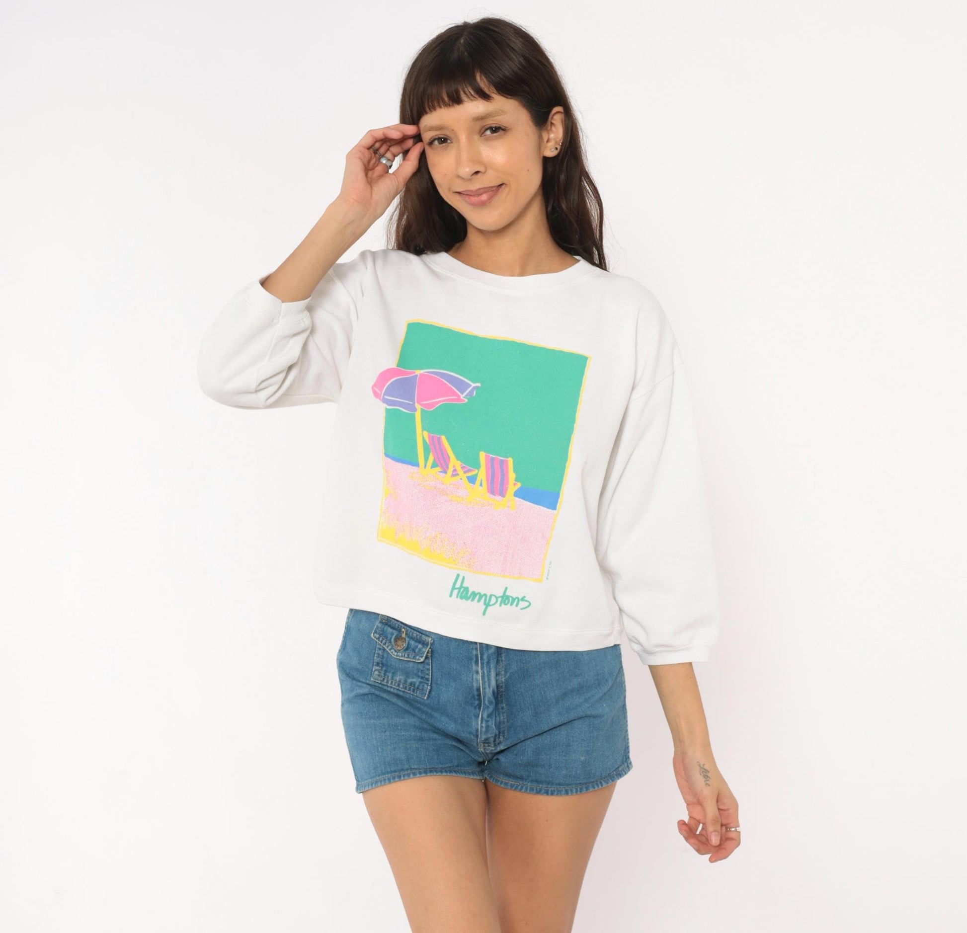 90s Anvil Hamptons Beach Sweatshirt White Pastel Graphic Cropped Medium M