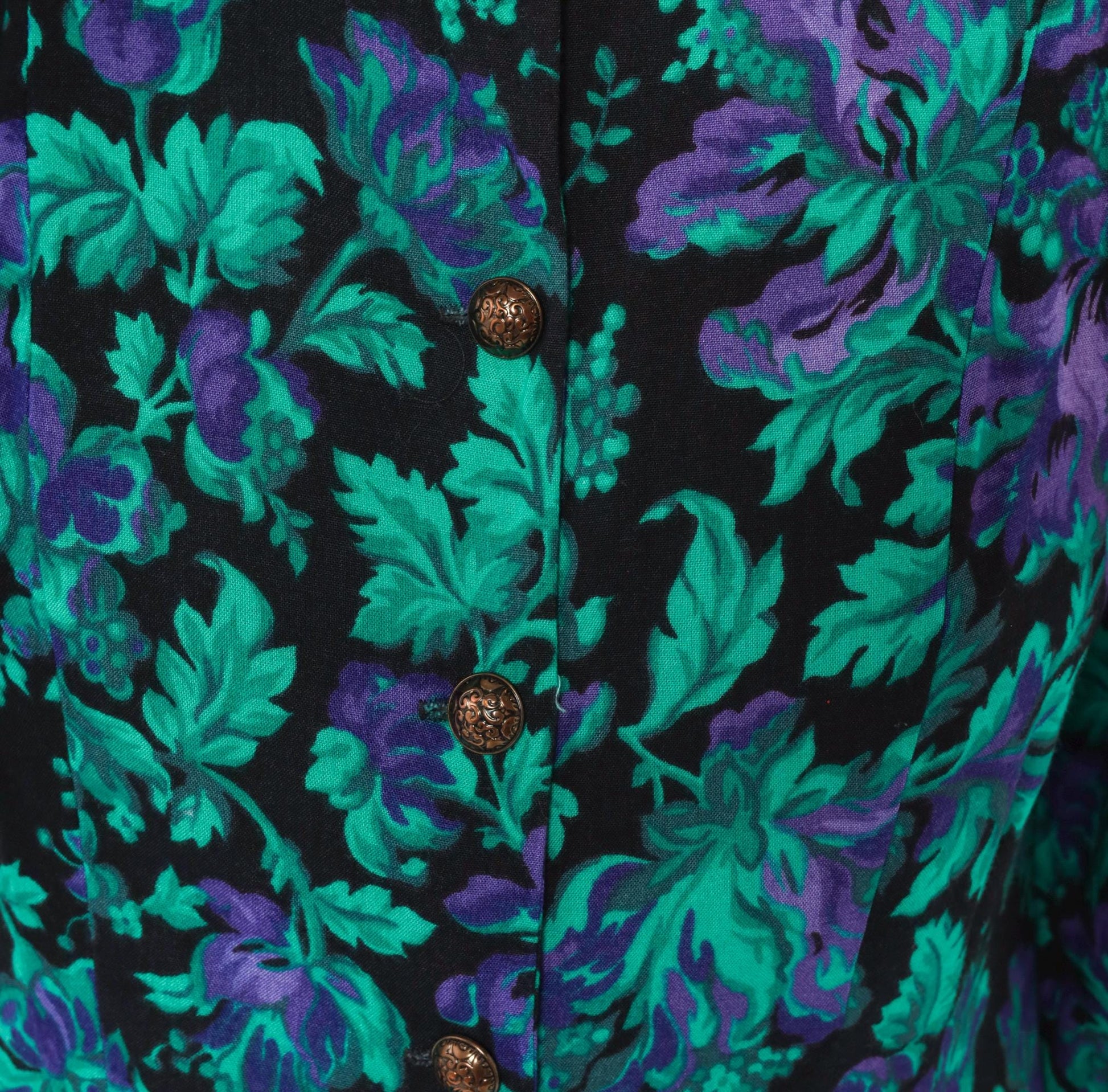 90s Petite Jazz Floral Button-Front Dress Teal Black Botanical Shoulder Pad Large