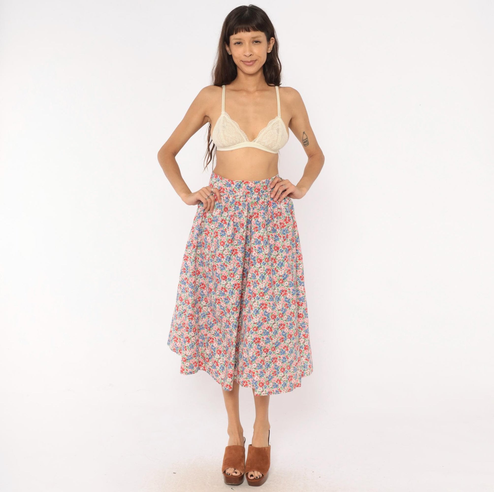 80s Floral Midi Skirt Pink Blue Calico Print High-Rise Pleated Small