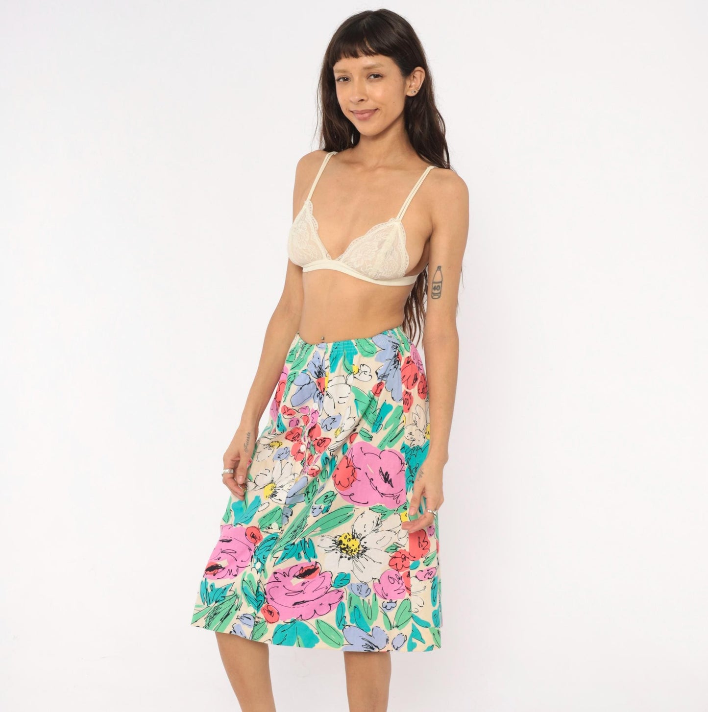 90s Floral Button Front Midi Skirt Cream Watercolor Cotton Small