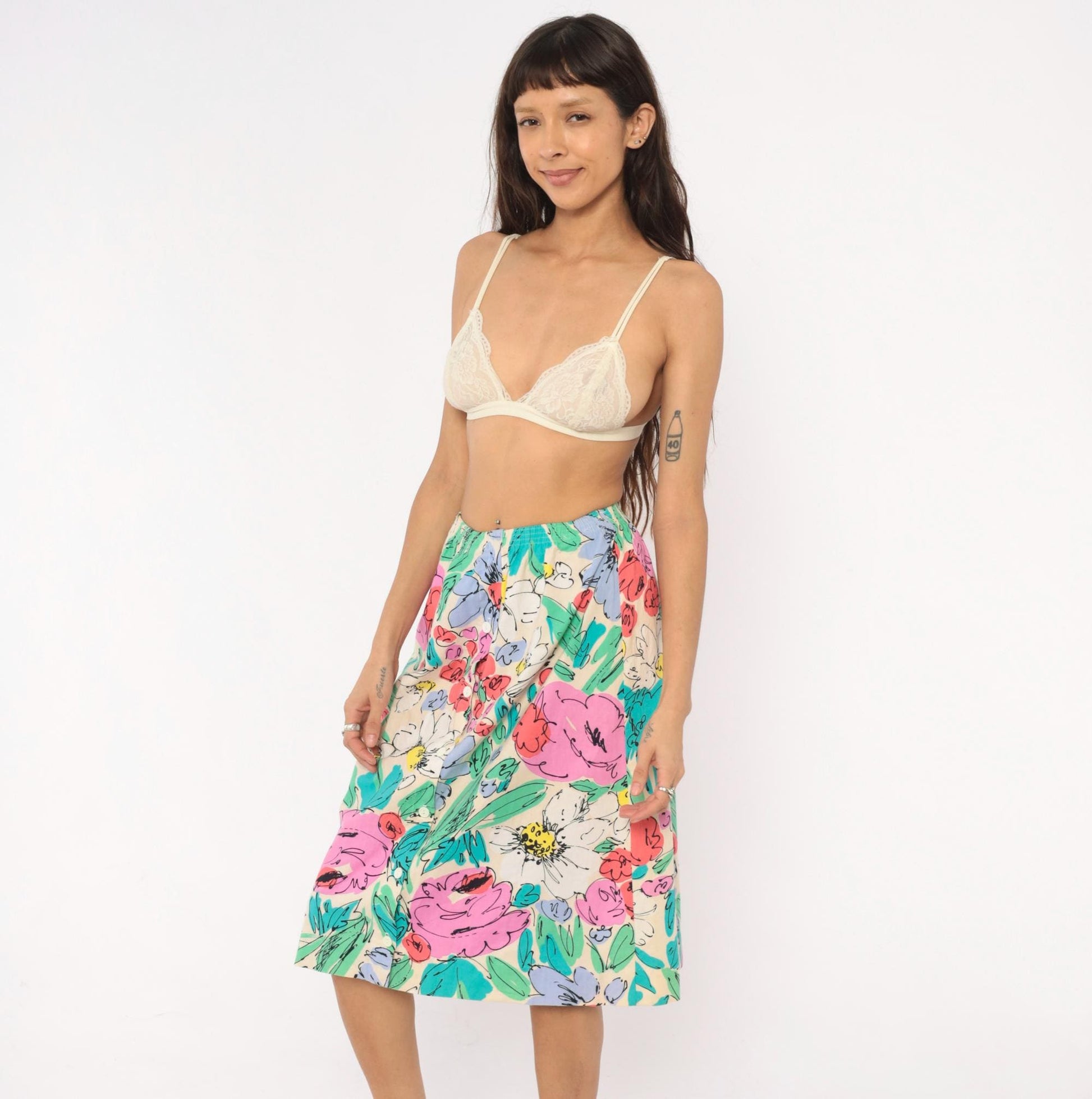 90s Floral Button Front Midi Skirt Cream Watercolor Cotton Small