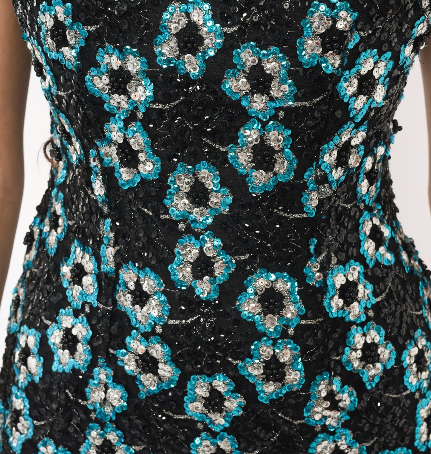 80s Alyce Designs Black Sequin Maxi Gown Teal Silver Floral Small