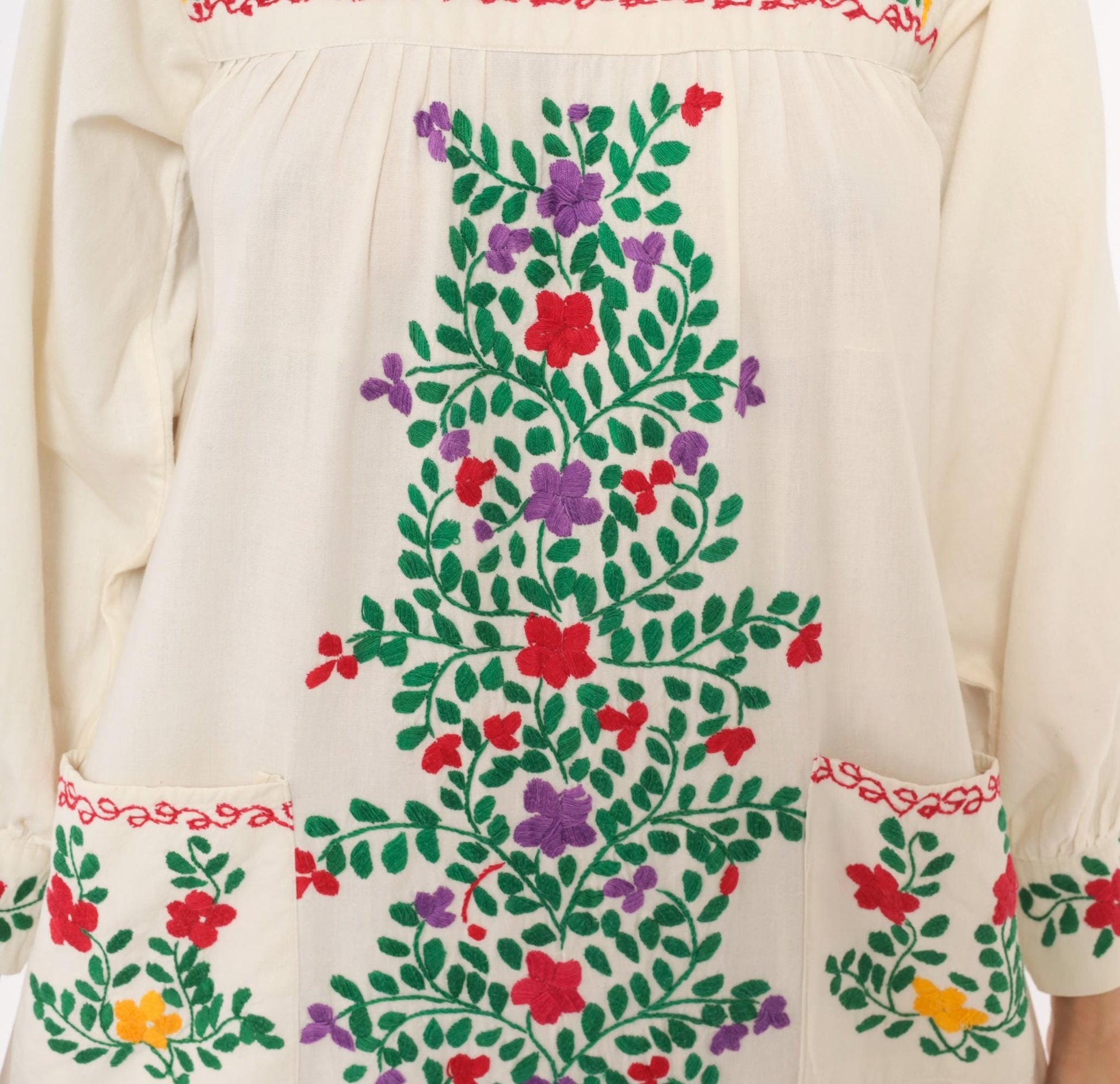 70s Embroidered Mexican Cotton Maxi Dress Floral Cream Long Sleeve Small