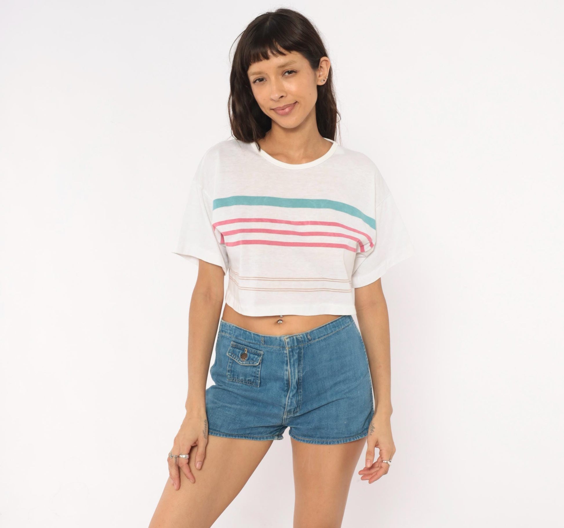 90s Striped Crop Top White Teal Pink Cotton Boxy Tee Small S