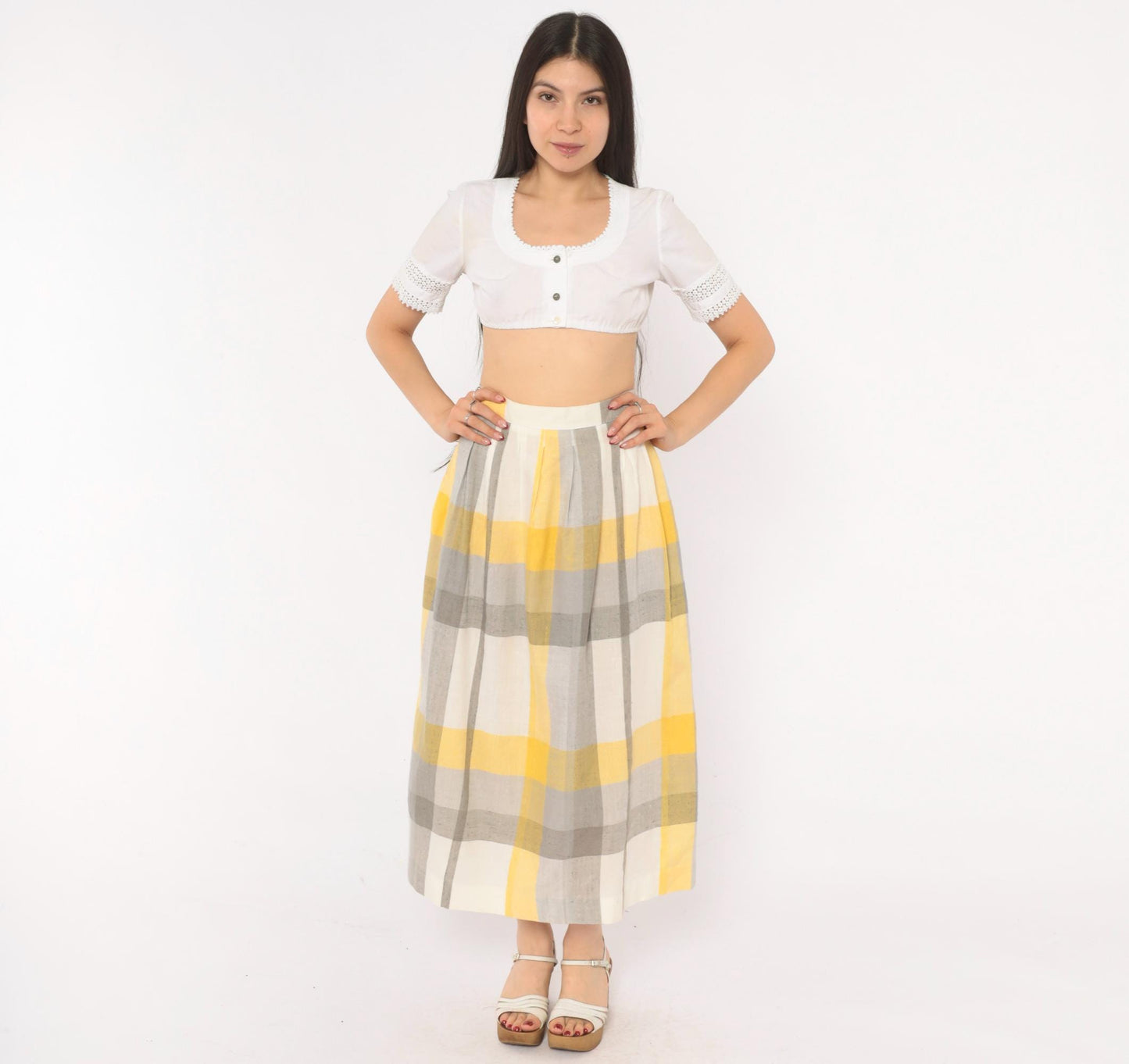 80s Stag & Co Plaid Midi Skirt Yellow Grey Ivory High Waist Pleated Medium