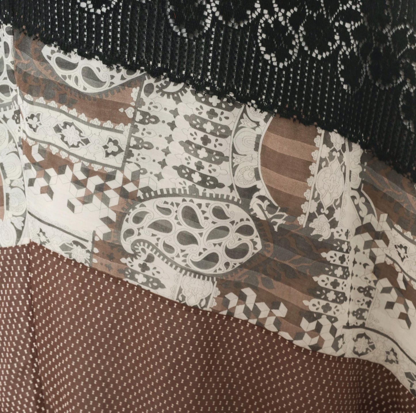 70s Chessa Davis Patchwork Maxi Wrap Skirt Brown Black Paisley Crochet Lace Large L