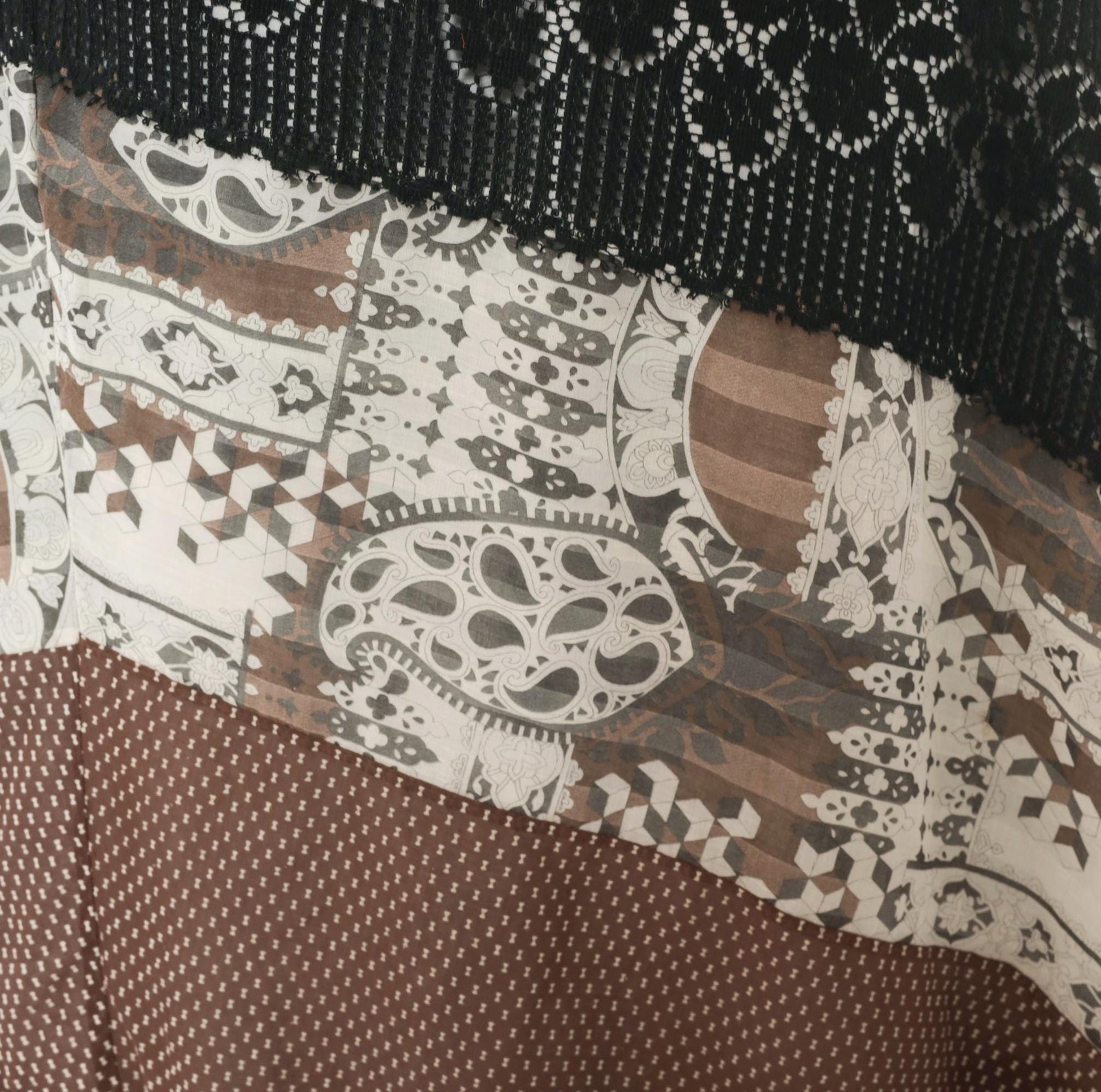 70s Chessa Davis Patchwork Maxi Wrap Skirt Brown Black Paisley Crochet Lace Large L