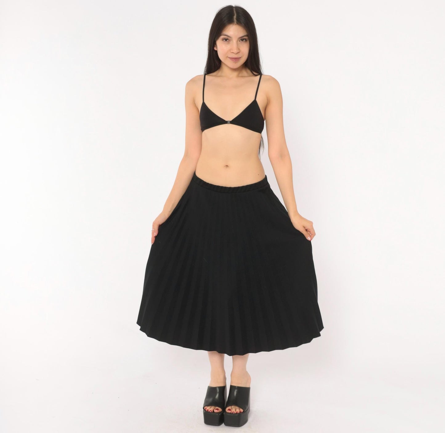 70s Sarah K Black Pleated Midi Skirt Accordion Knife Pleat Elastic Waist Medium Large