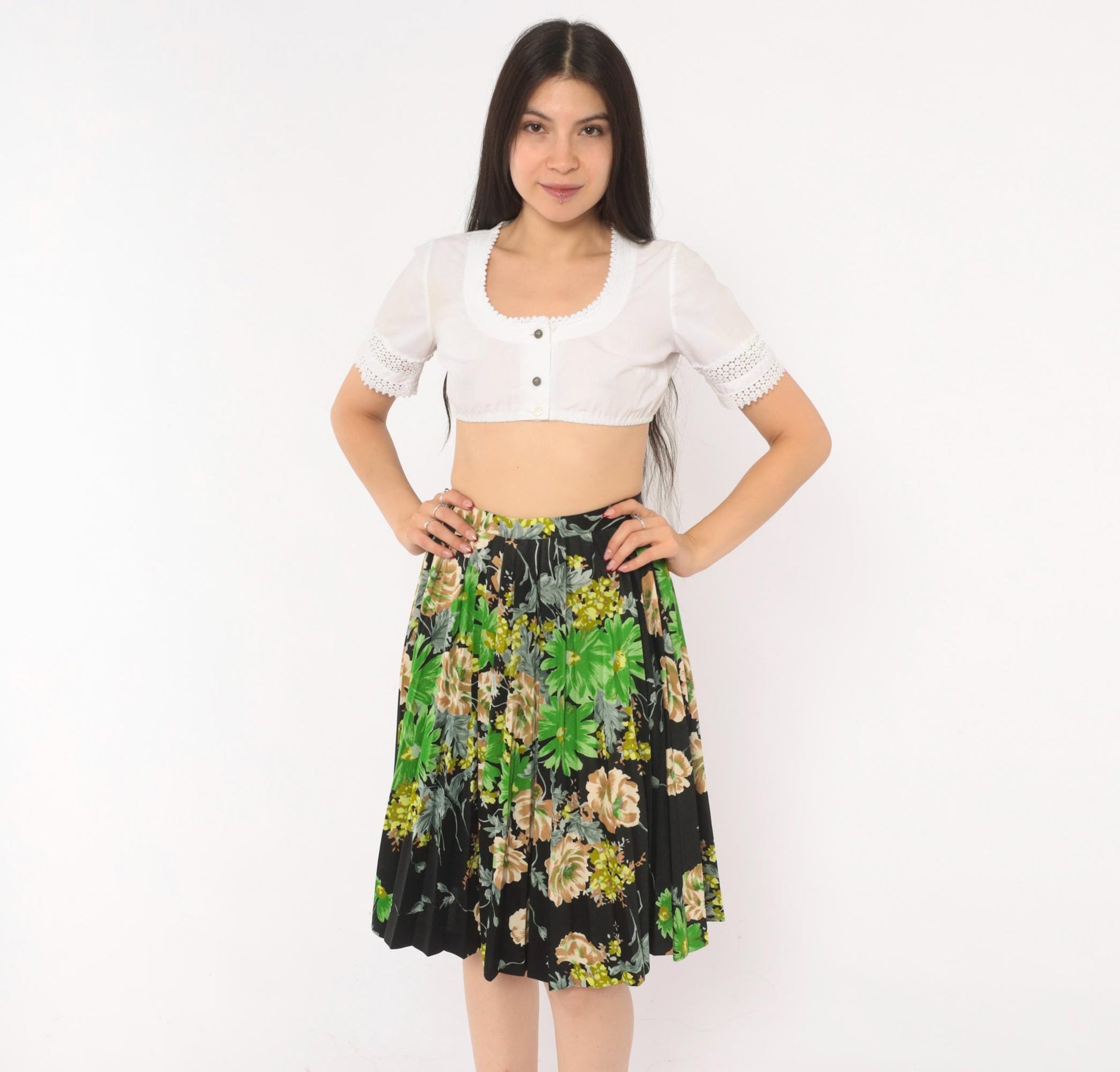 70s Floral Pleated Skirt Black Daisy Rose Print Knee-Length A-Line Extra Small