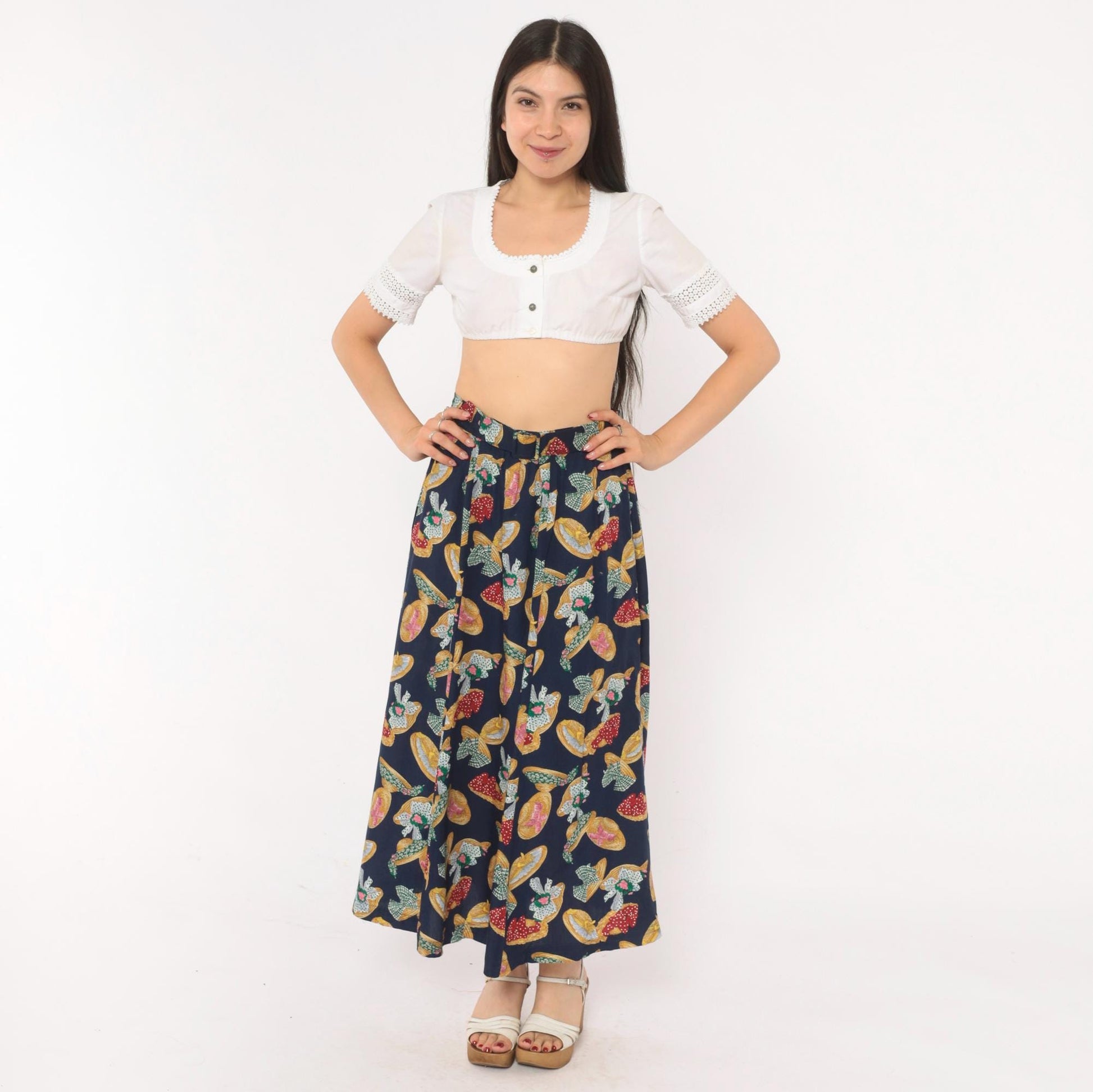 90s Susan Bristol Midi Skirt Straw Hat Print Navy Yellow Green Medium M