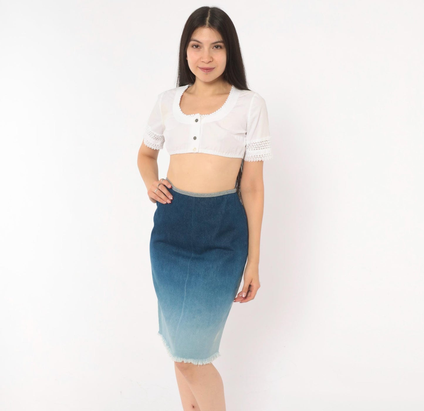 Y2K R4Я Rave 4 Real Ombre Denim Pencil Skirt Sky Blue Extra Small XS