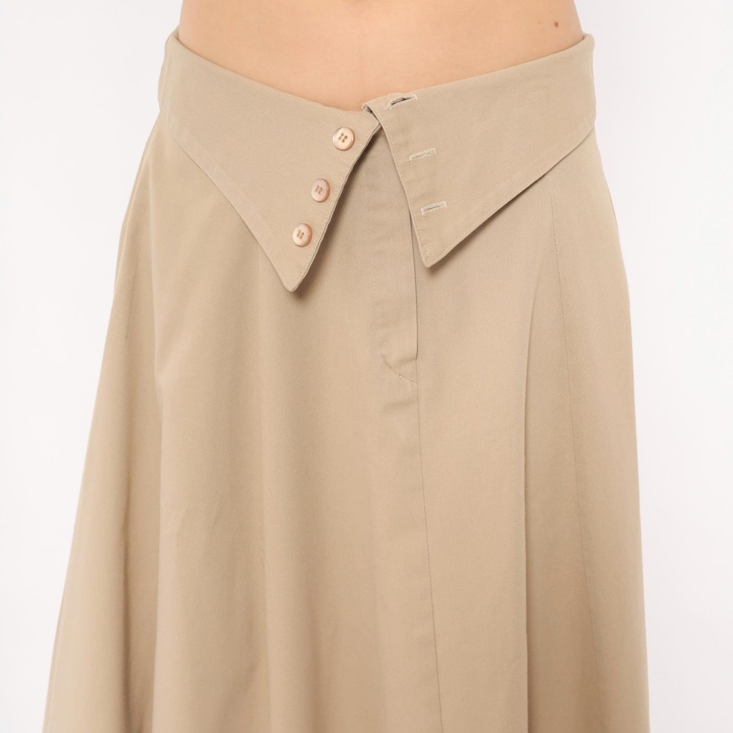 90s Tan A-Line Midi Skirt Fold-Over Waistband Button Front Medium
