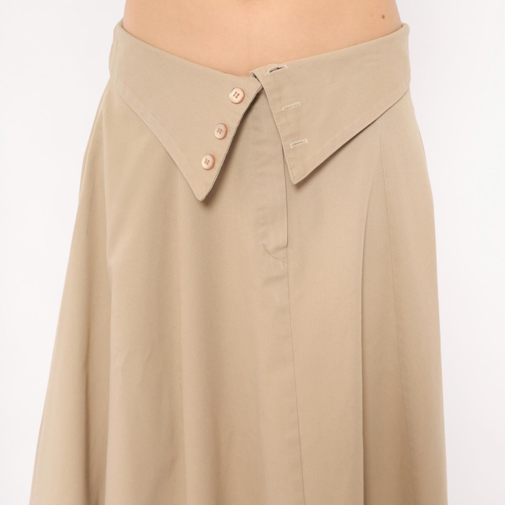 90s Tan A-Line Midi Skirt Fold-Over Waistband Button Front Medium