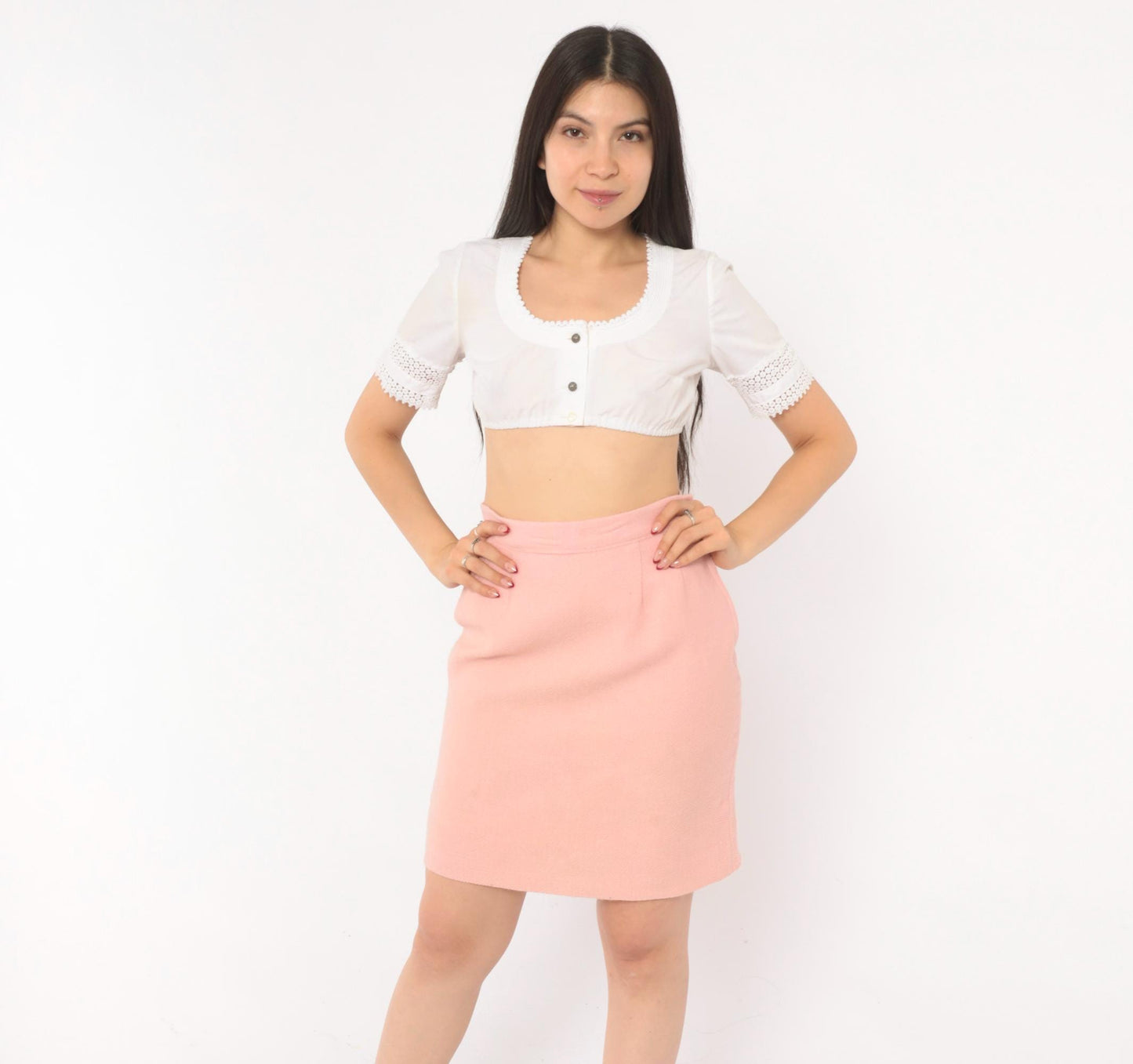 60s Blush Pink Wool Mini Skirt A-Line High Waist Extra Small XS