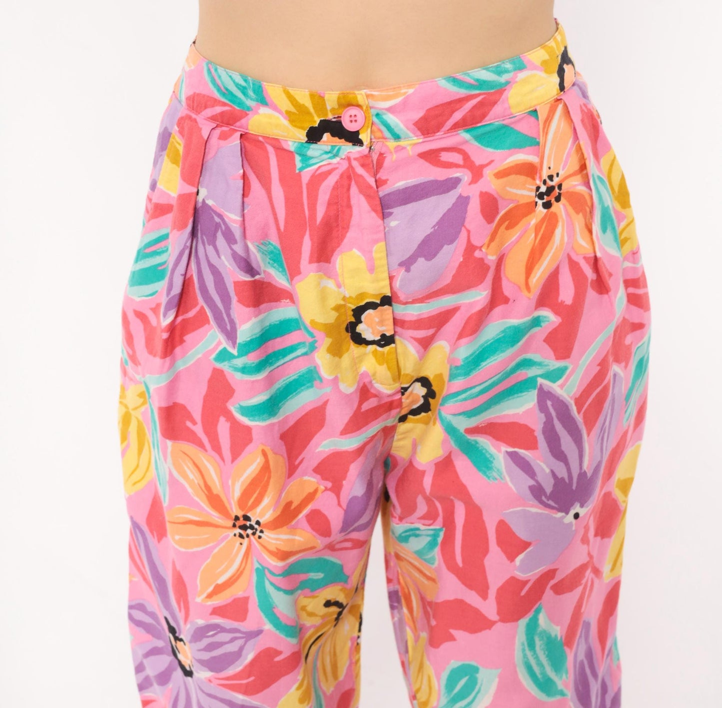 90s Charles Glueck Tropical Floral Tapered Pants Pink Purple High Waist Small