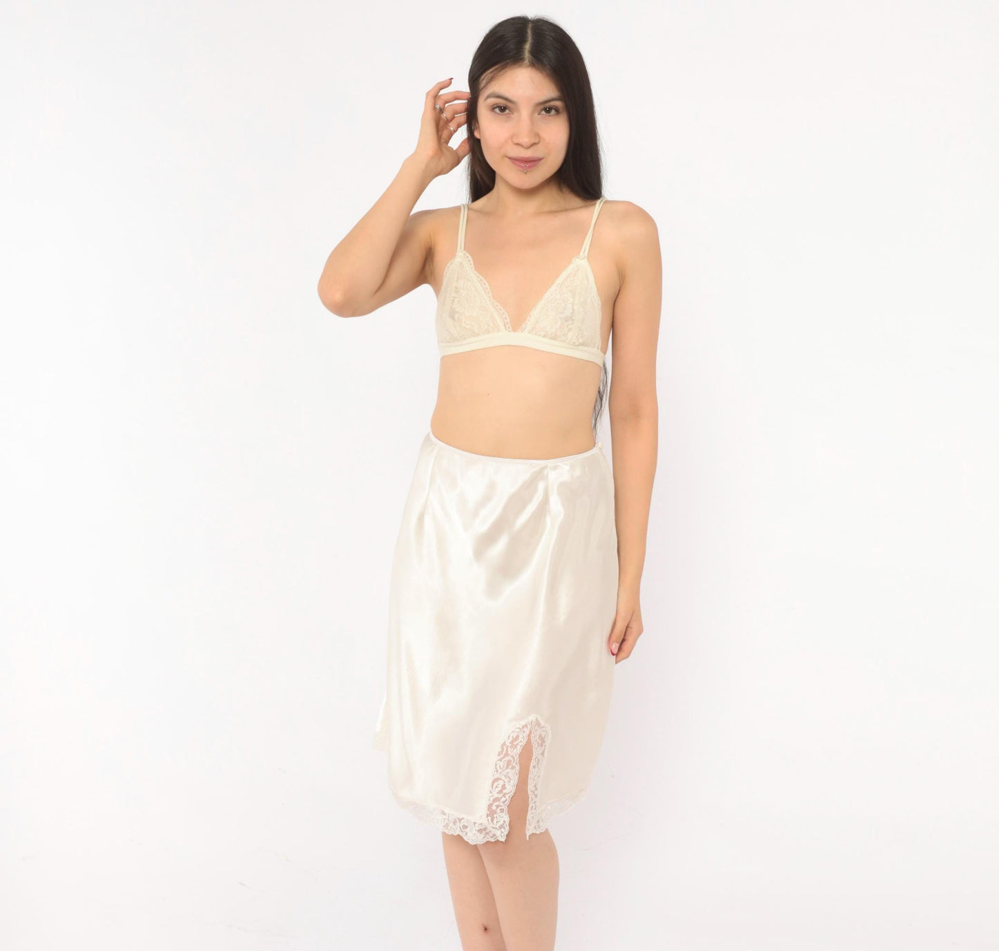 90s Victoria's Secret Half Slip Cream Satin Lace Trim Knee-Length Large L