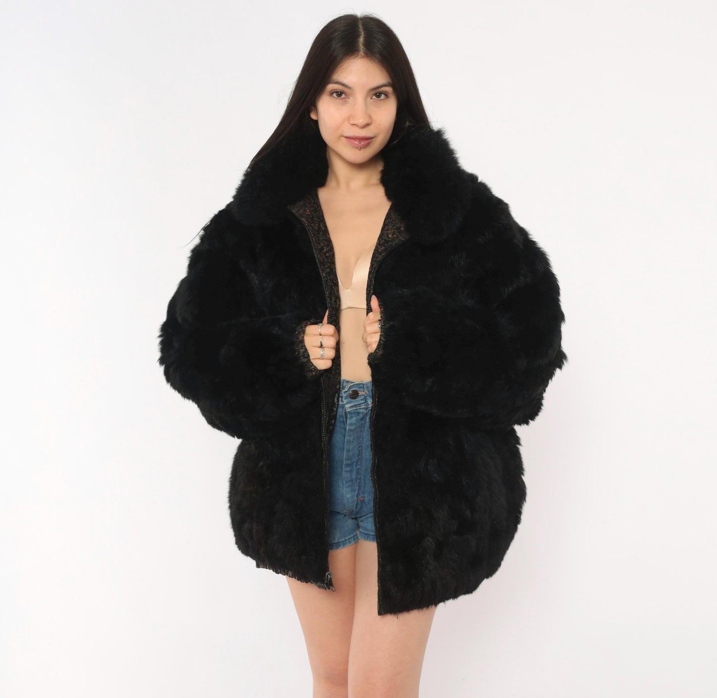 90s Black Floral Suede Bomber Jacket Faux Fur Collar Pink Extra Large