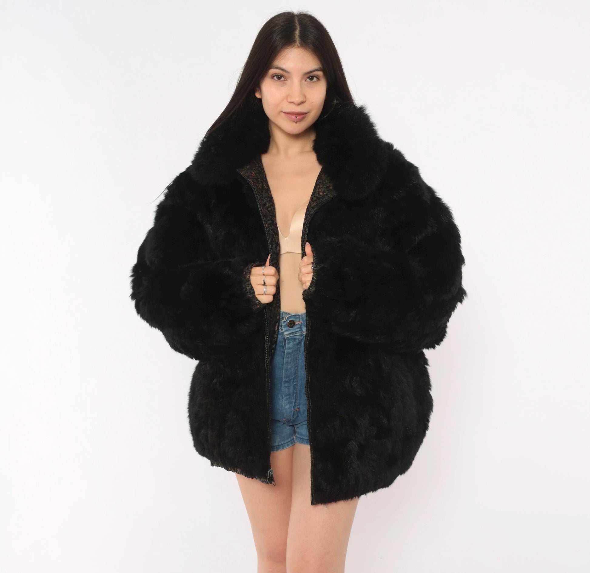 90s Black Floral Suede Bomber Jacket Faux Fur Collar Pink Extra Large