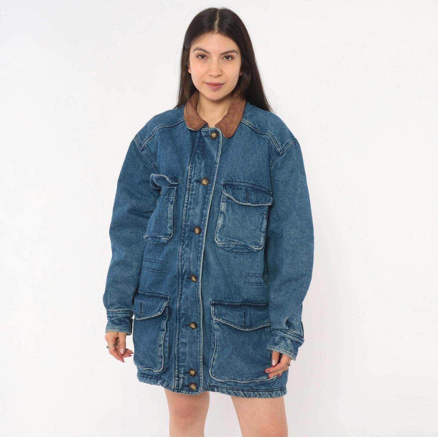 90s Kings Bay Denim Jacket Leather Collar Brown Cotton Workwear Medium M