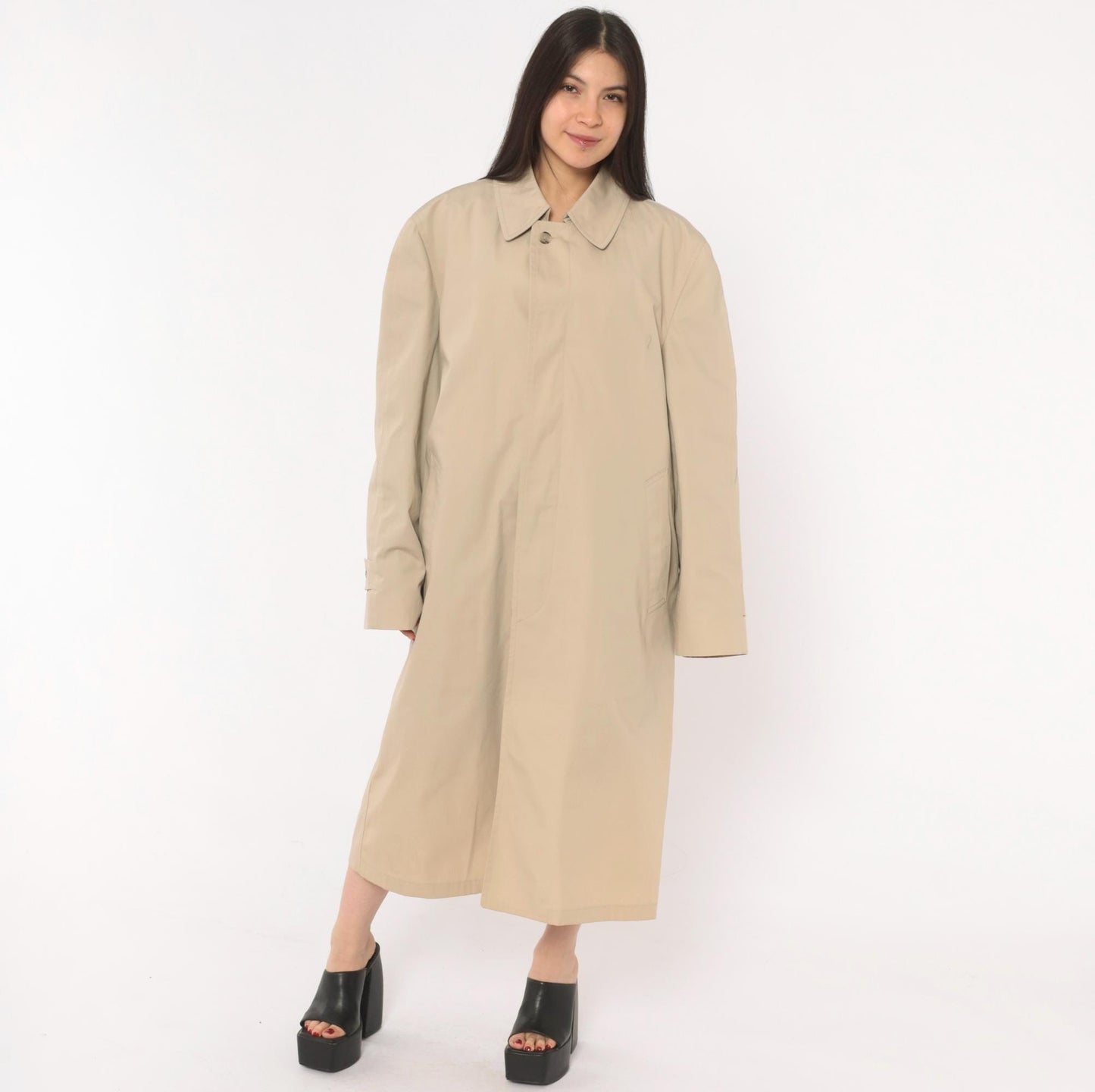 80s London Fog Trench Coat Beige Long Spread Collar Single Button Large