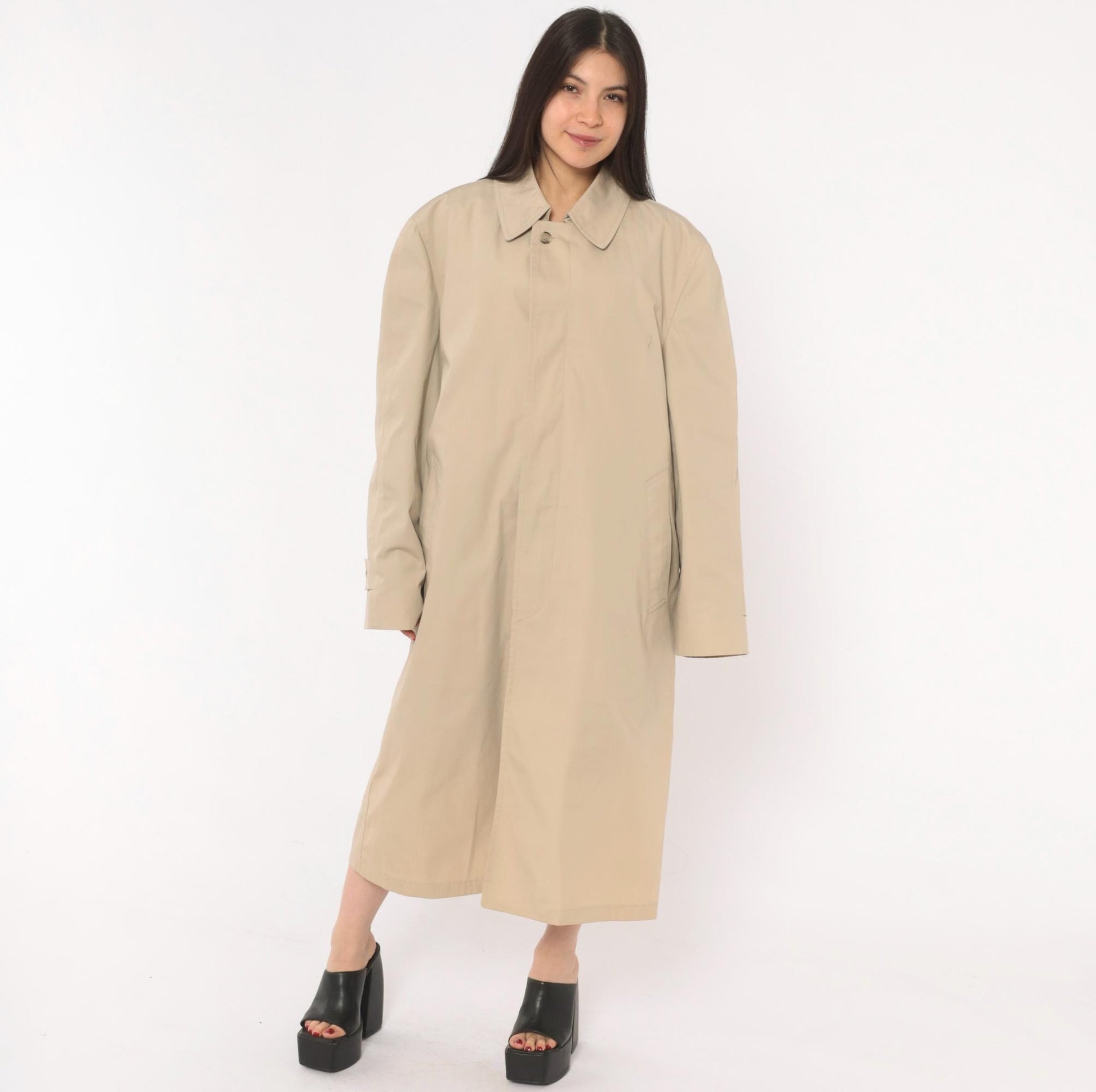 80s London Fog Trench Coat Beige Long Spread Collar Single Button Large