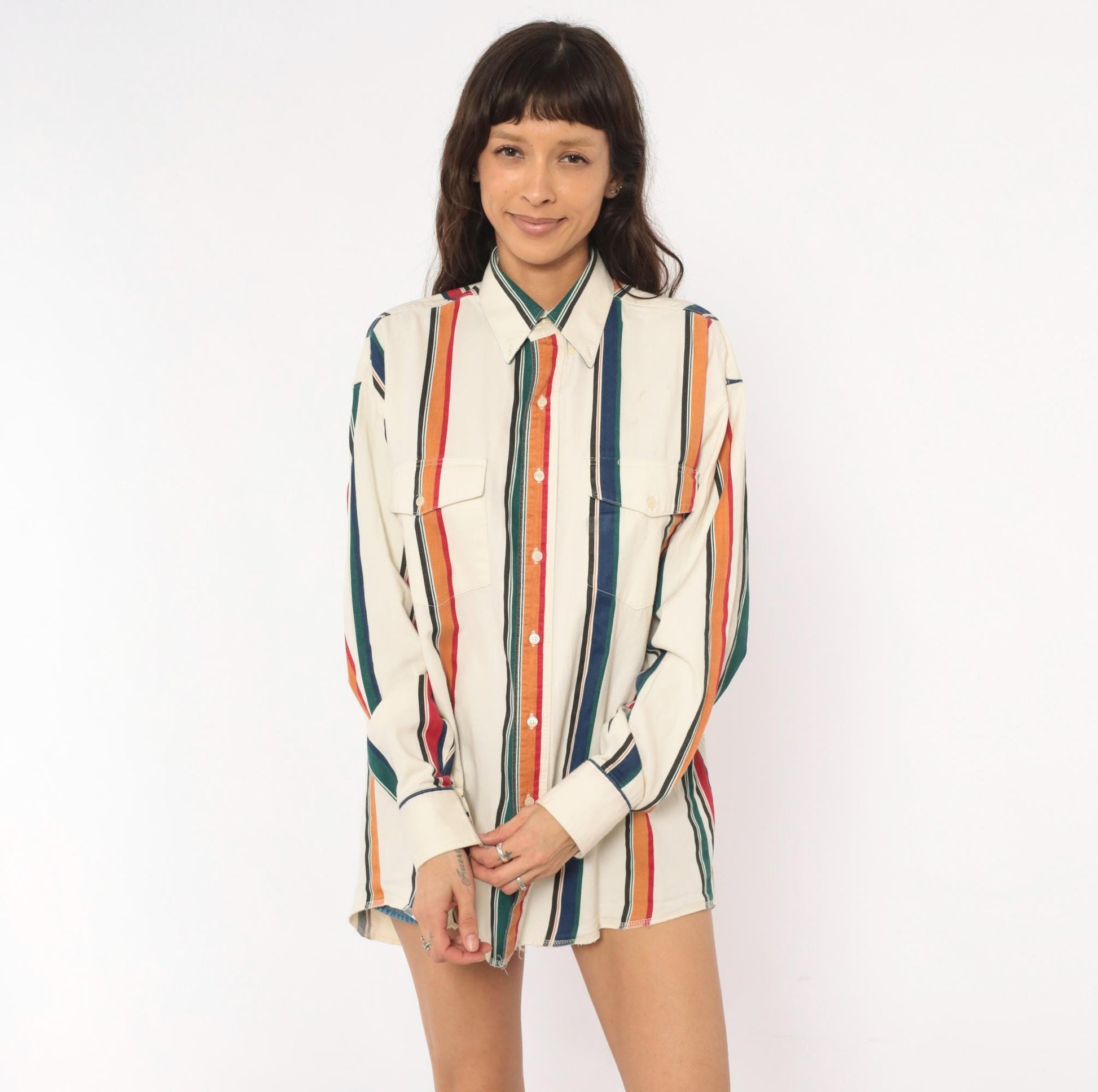 90s Wrangler Striped Button-Up Shirt Cream Navy Orange Vertical Stripe Western Extra Large XL