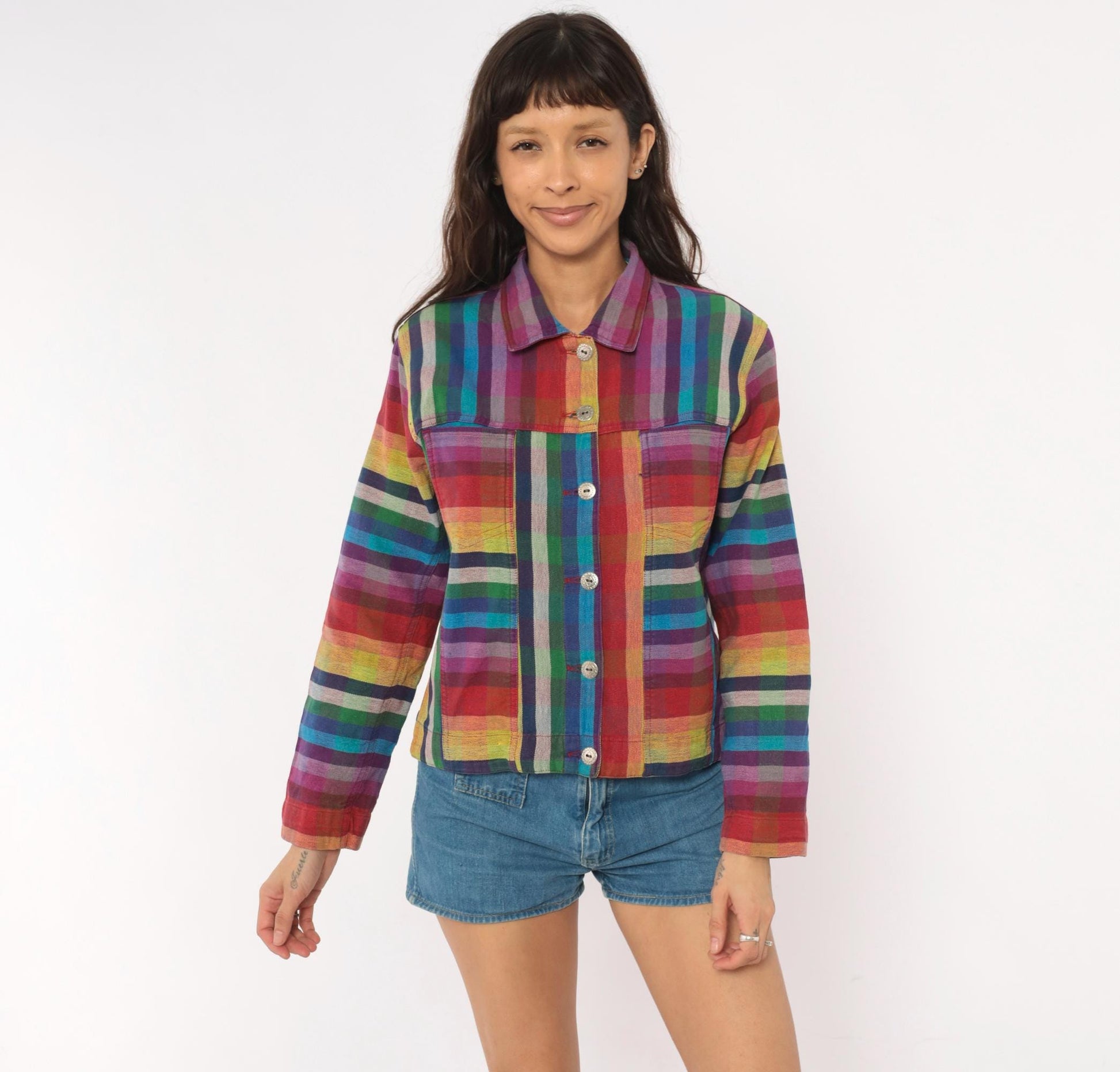 Y2K Chico's Design Rainbow Plaid Cropped Jacket Cotton Small S