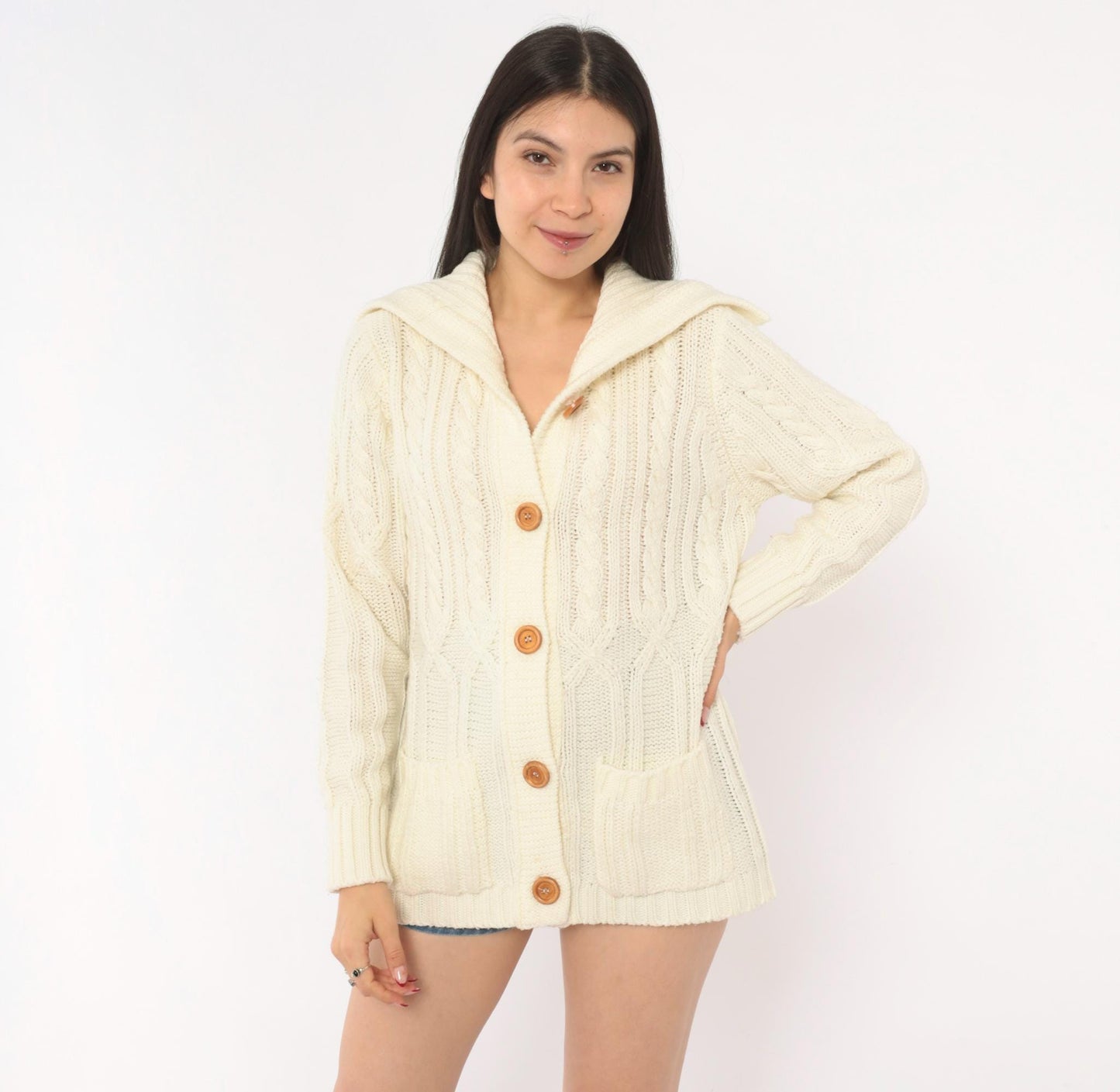 70s Exclusive Imports Cable Knit Cardigan Cream Fold-Over Collar Large L