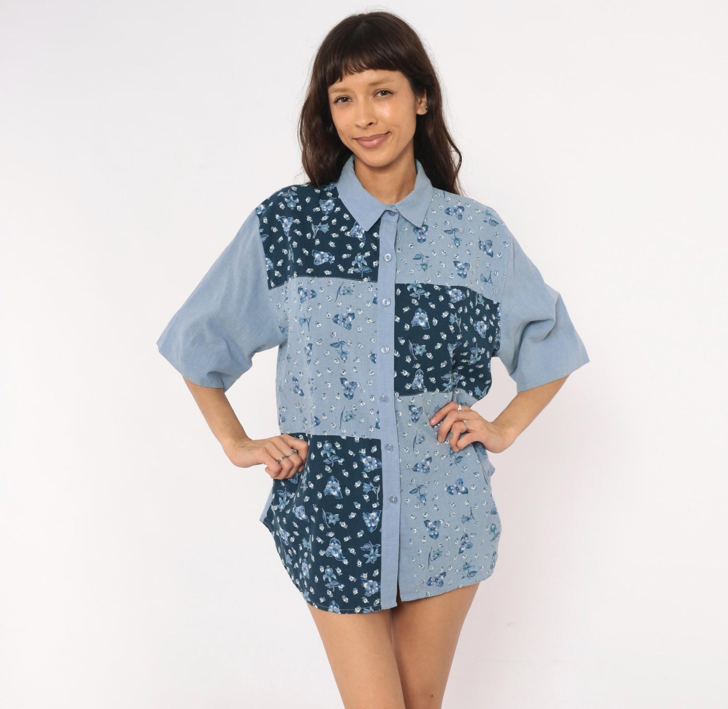 90s Tapestry Patchwork Floral Button-Up Shirt Blue Navy Cotton Blend Extra Large