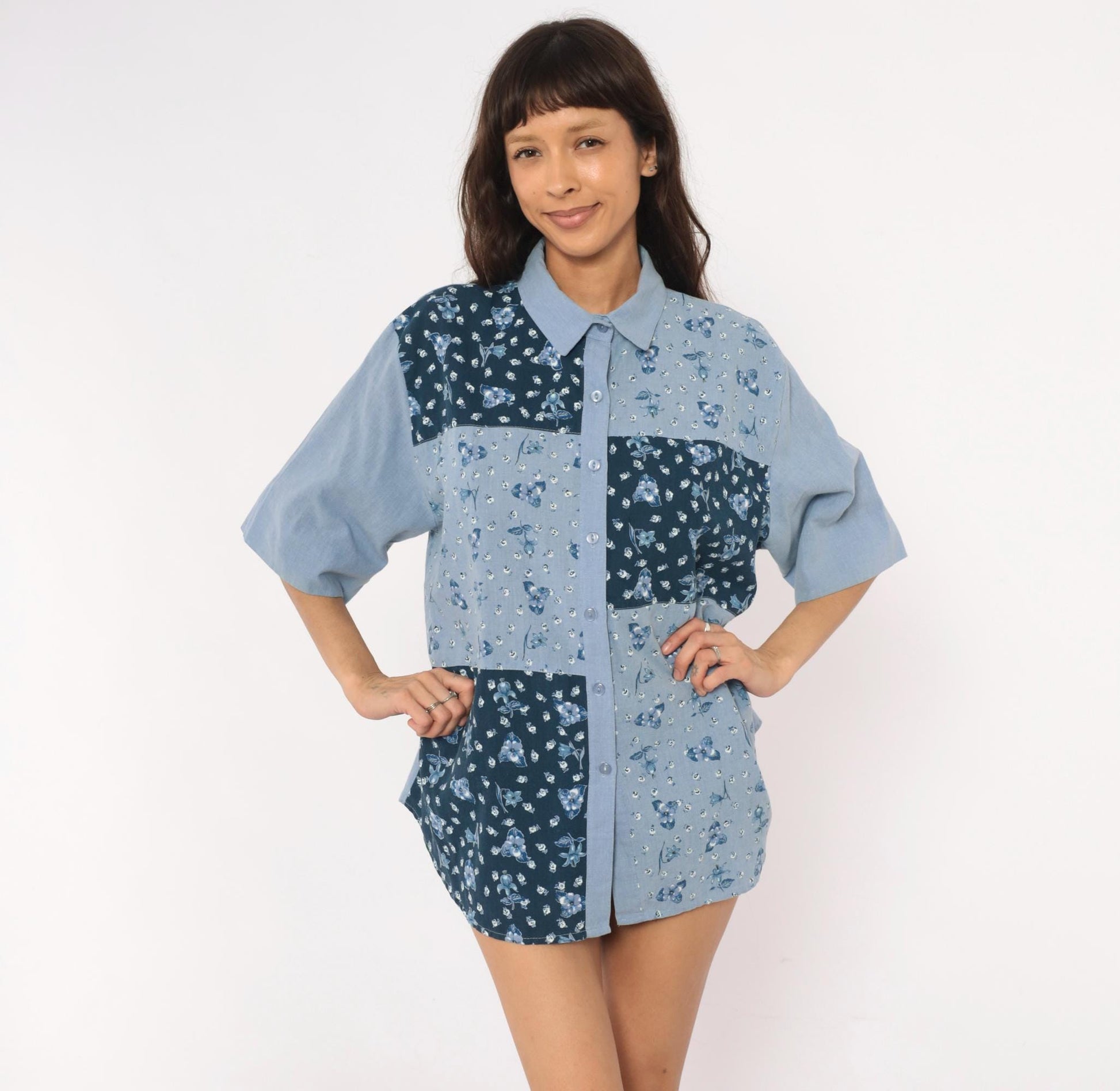 90s Tapestry Patchwork Floral Button-Up Shirt Blue Navy Cotton Blend Extra Large