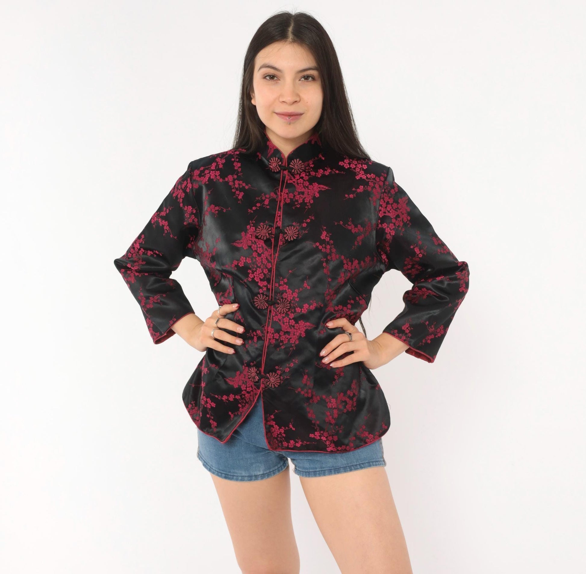90s King Hu Black Brocade Jacket Cherry Blossom Mandarin Collar Large L