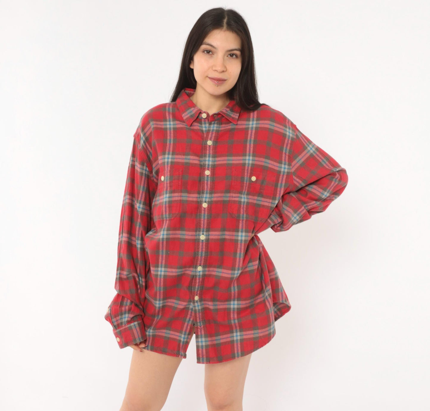 2000s J.Crew Red Plaid Flannel Button-Up Shirt Cotton Grey Blue Check Extra Large XL