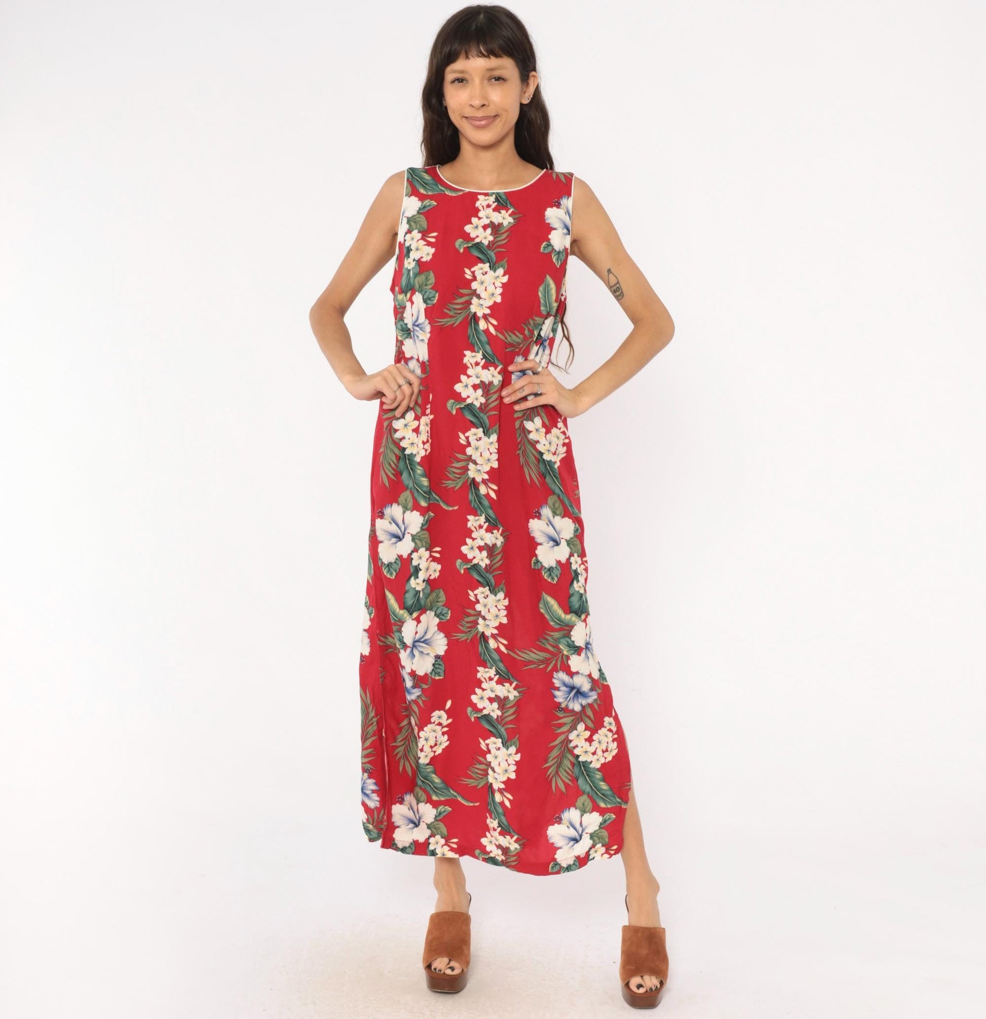 90s Iolani Hawaiian Maxi Dress Red Tropical Floral Sleeveless Large L