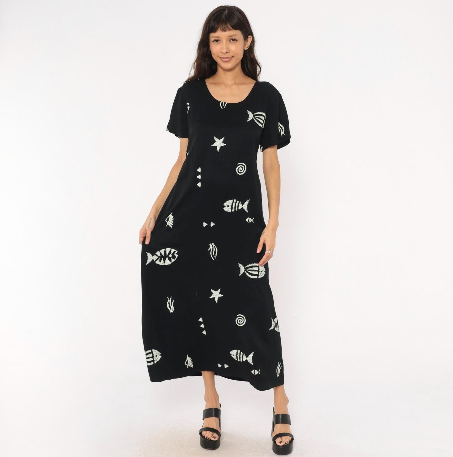 90s Connie Choi Fish Print Maxi Dress Black White Sea Life Large L