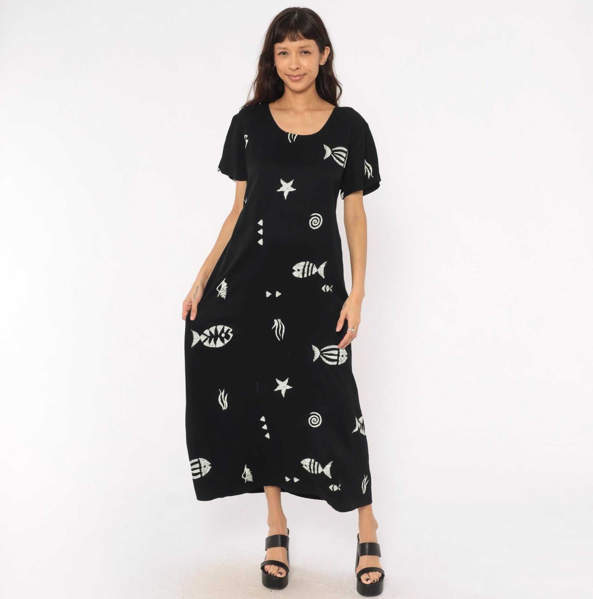 90s Connie Choi Fish Print Maxi Dress Black White Sea Life Large L