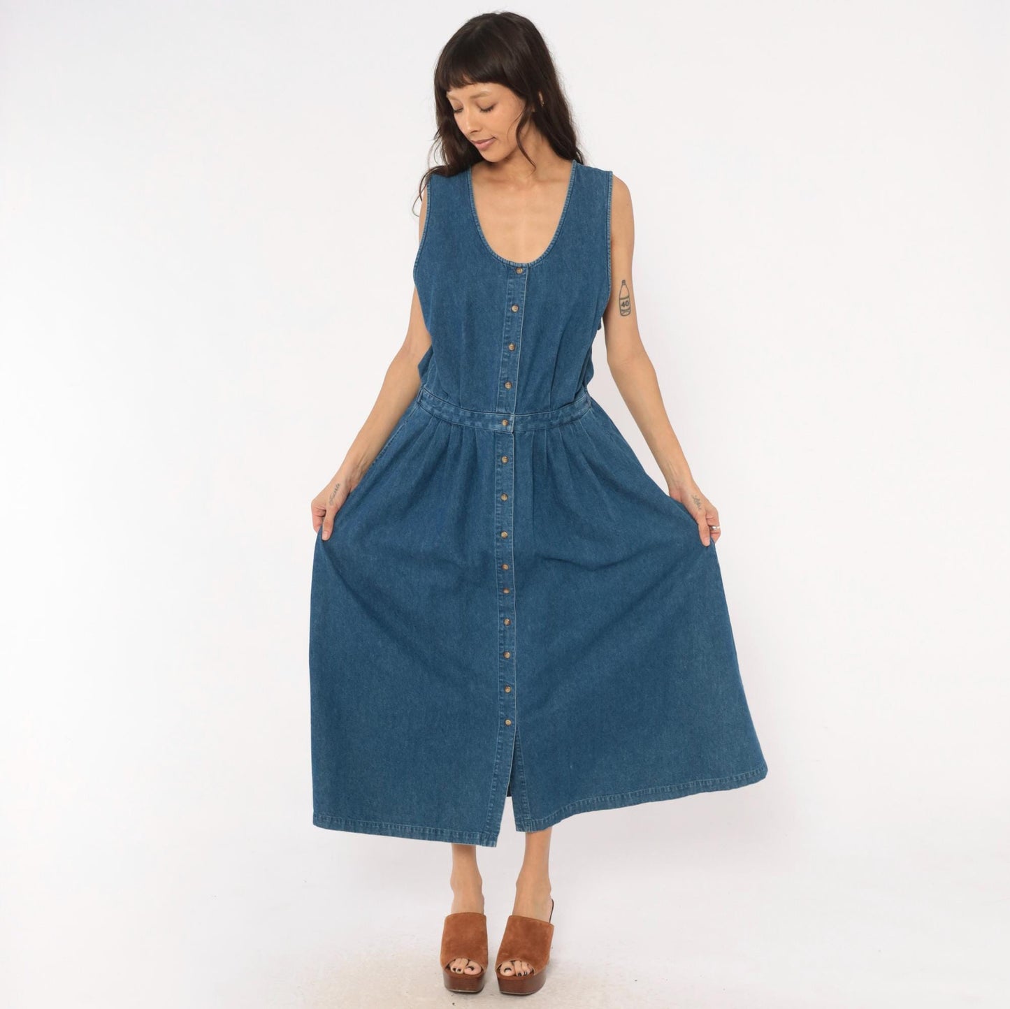 90s Eddie Bauer Denim Maxi Dress Sleeveless Button Front Blue Cotton Large L