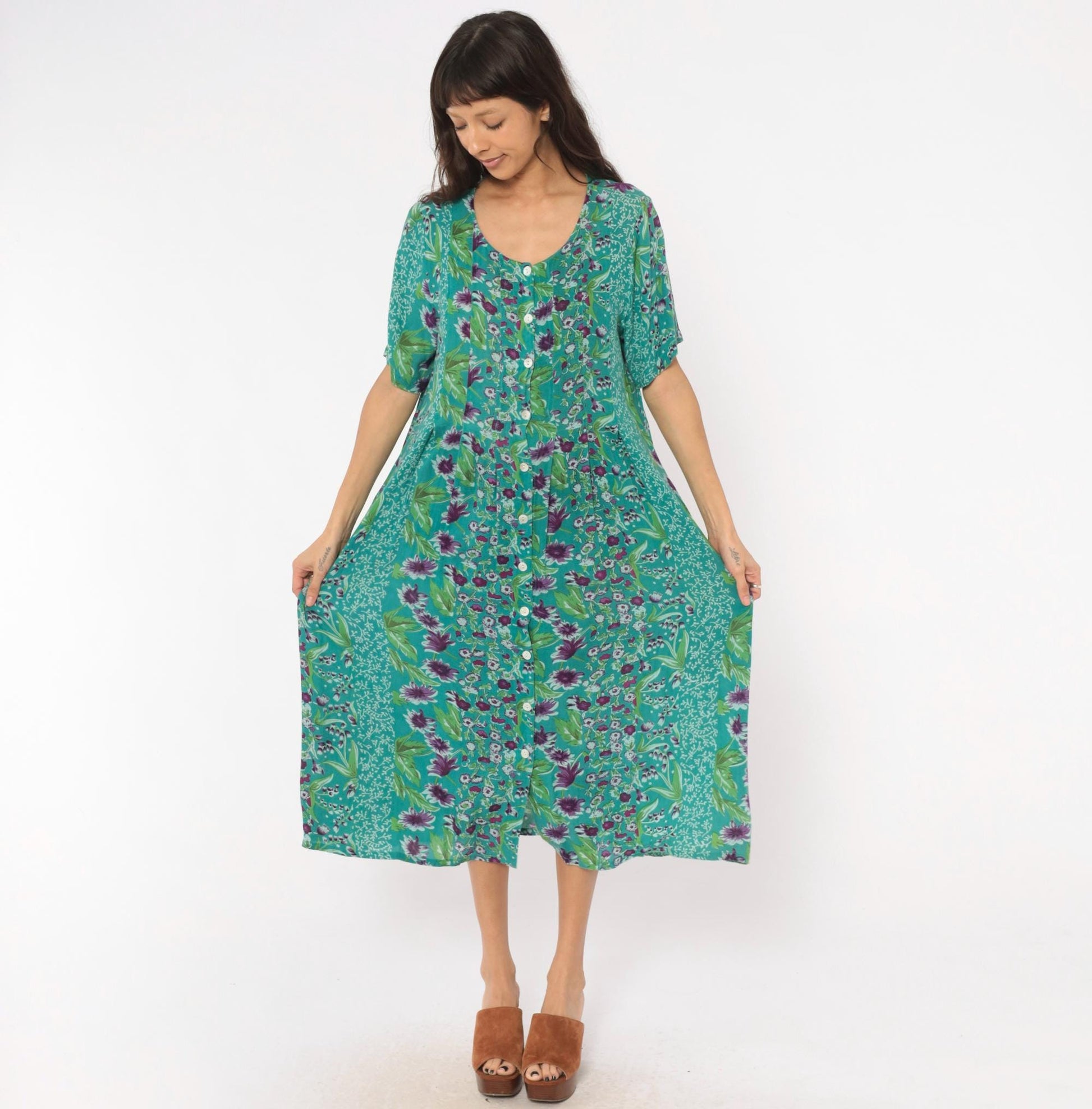 90s La Cera Floral Button Front Midi Dress Teal Purple Pockets Medium M