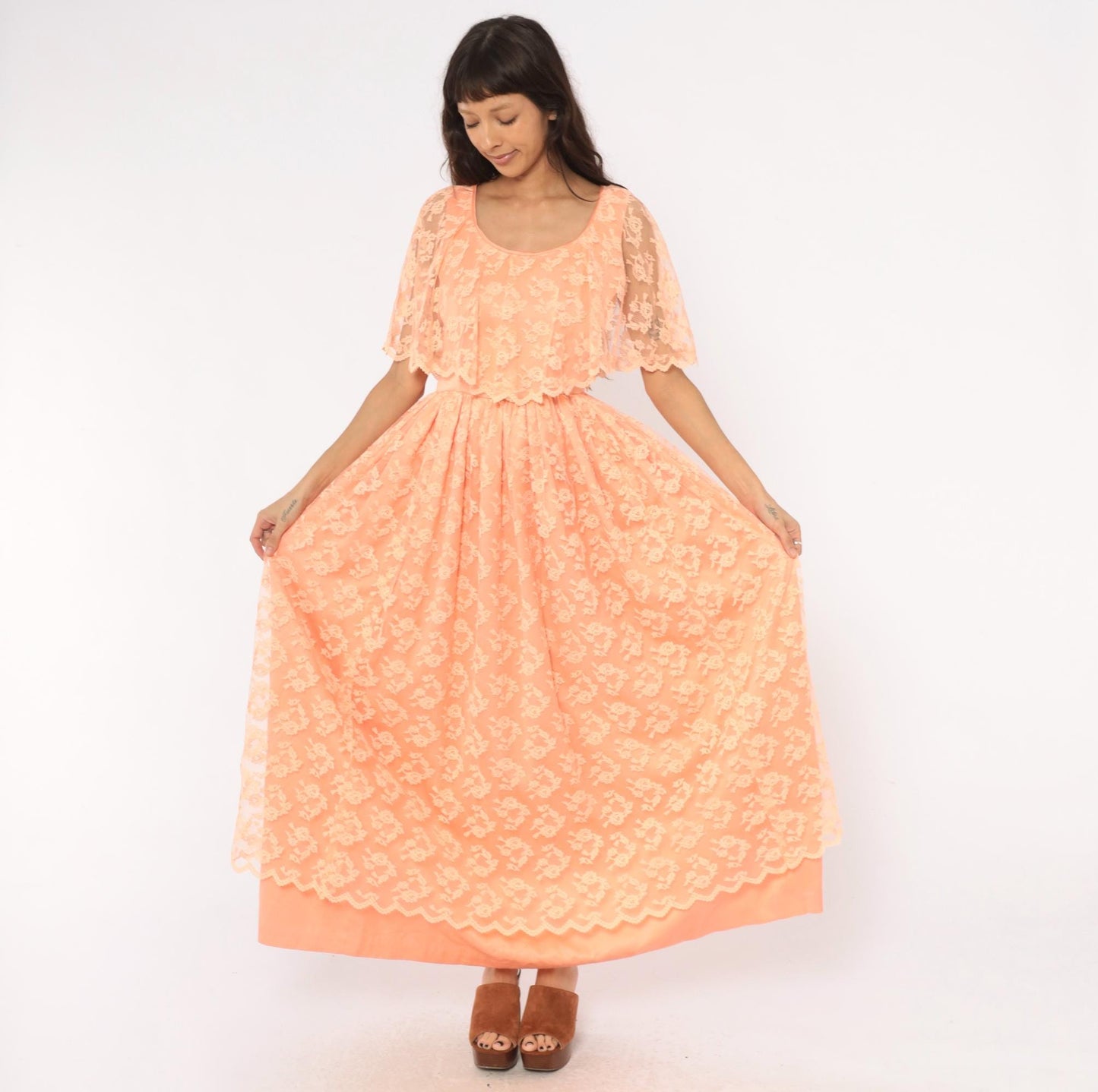 70s Peach Lace Maxi Dress Flutter Cape Sleeve Floral Overlay Small