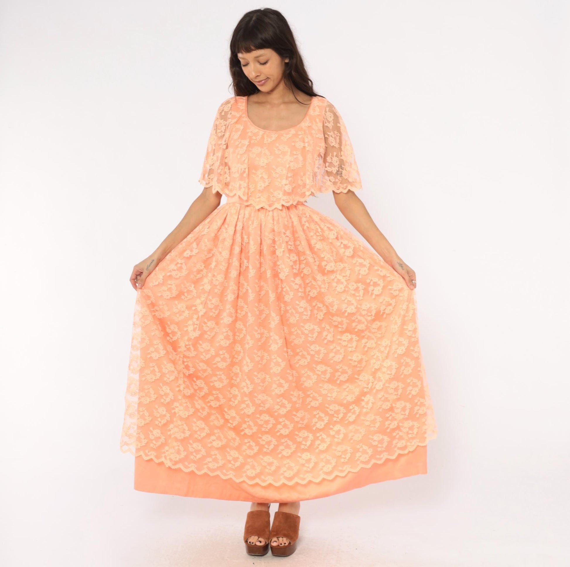 70s Peach Lace Maxi Dress Flutter Cape Sleeve Floral Overlay Small