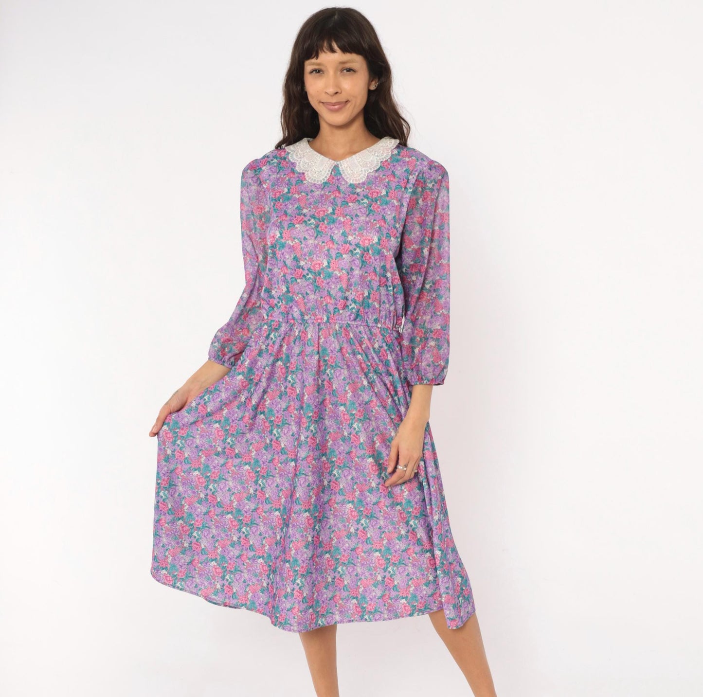 80s M.C.S.Ltd. Floral Midi Dress Puff Sleeve Peter Pan Collar Purple Large L