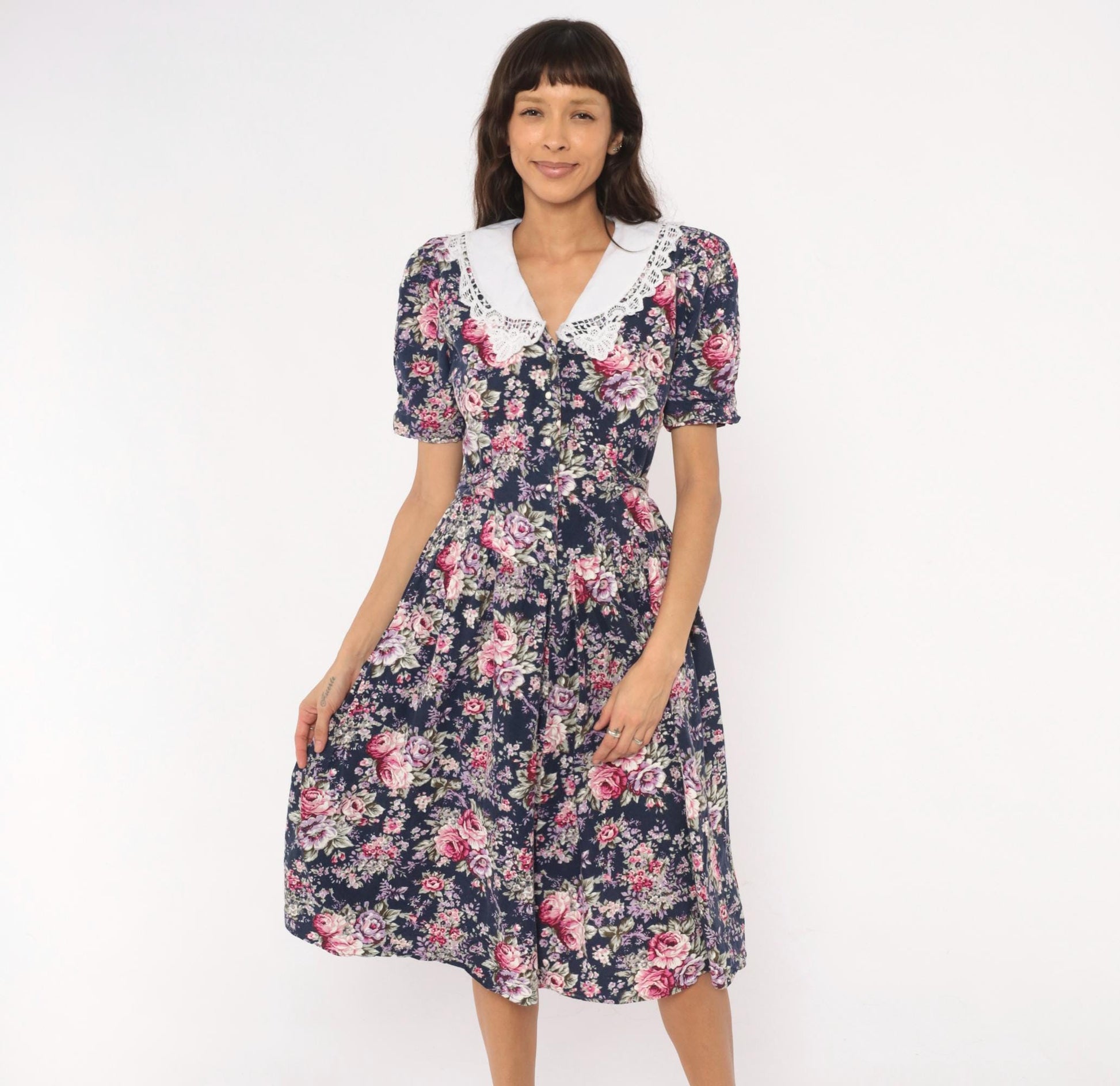 90s Especially Yours Navy Floral Midi Dress Lace Collar Puff Sleeve Medium M