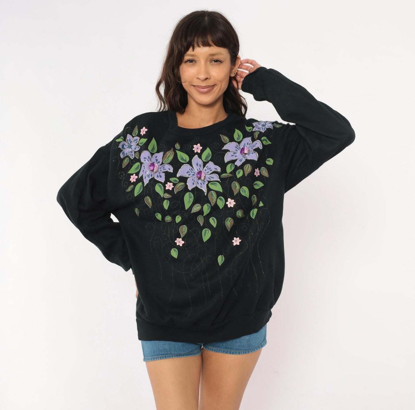 90s Cristin Stevens Floral Sweatshirt Black Purple Lily Jeweled Crewneck Large L