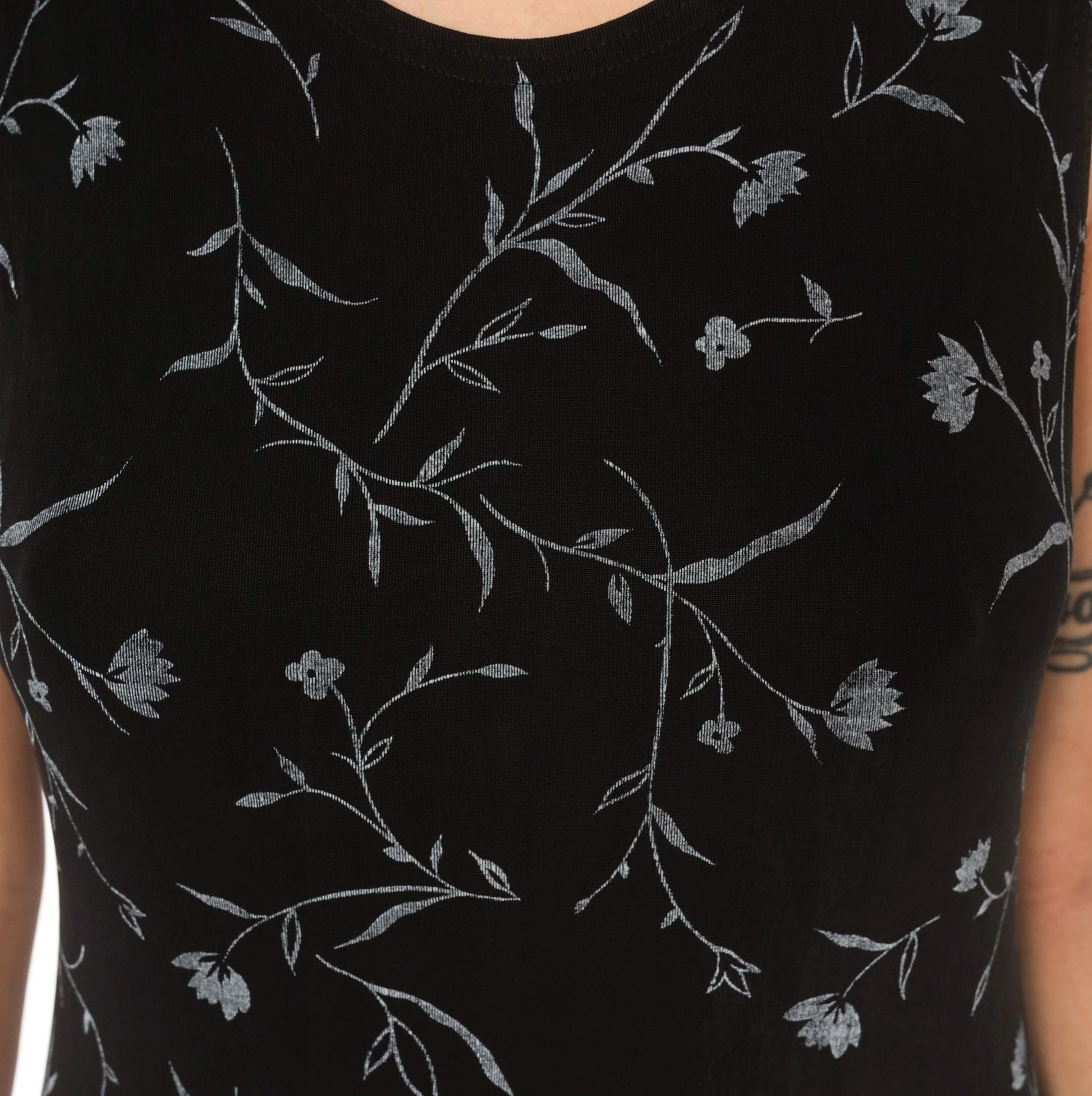 90s Ronni Nicole Black Floral Maxi Dress Grey Vine Print Sleeveless Large L