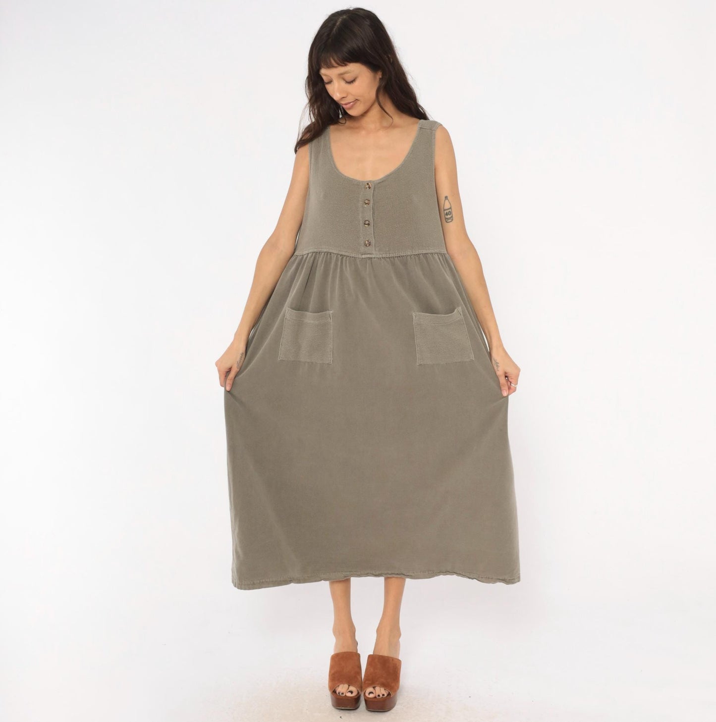 90s Cotton Stuff Classics Maxi Dress Grey Sleeveless Button Front Large L
